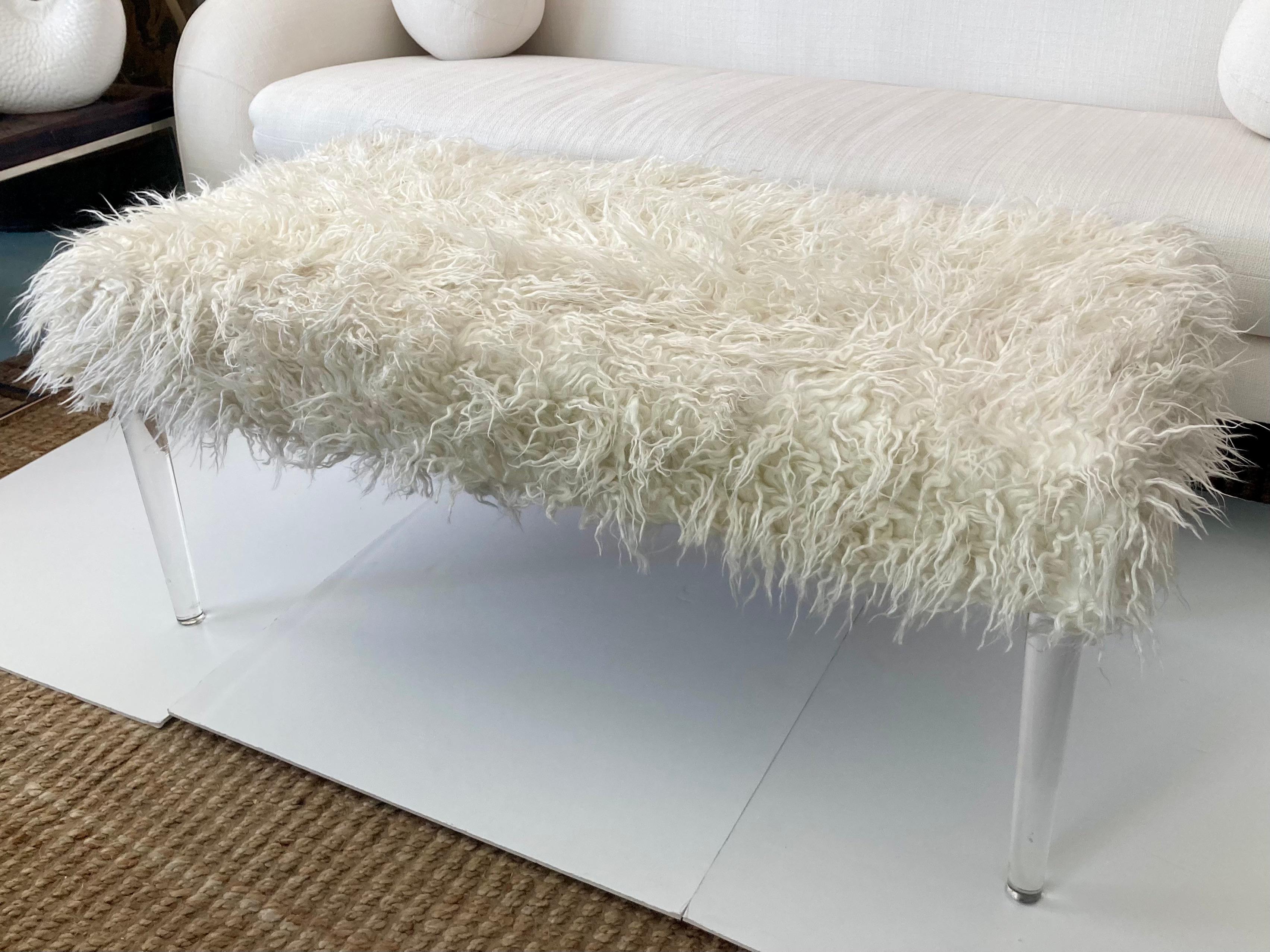Mid-Century Lucite Bench With Curly Lamb Covering For Sale at 1stDibs