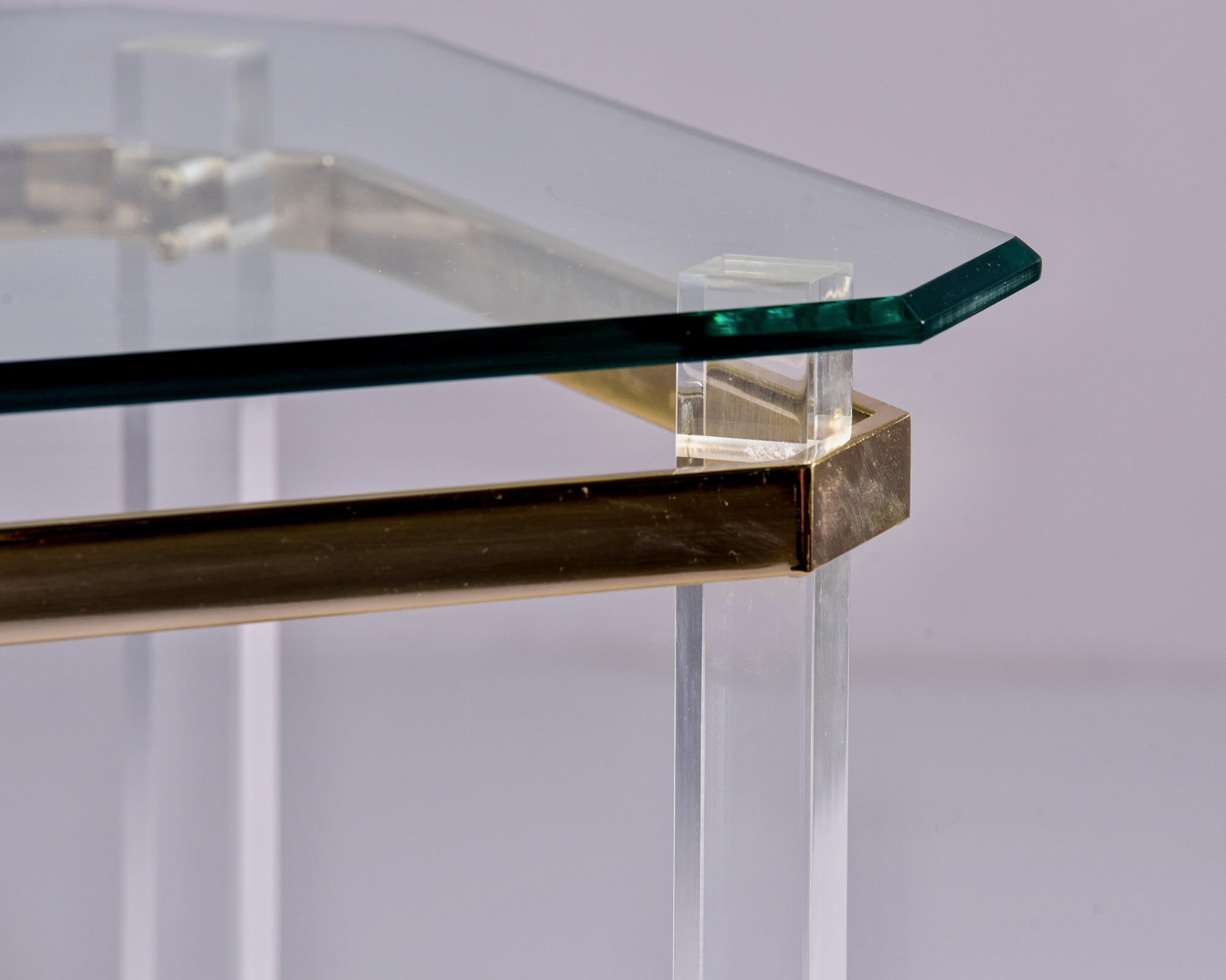 Mid Century Lucite Brass and Glass Side Table For Sale 2