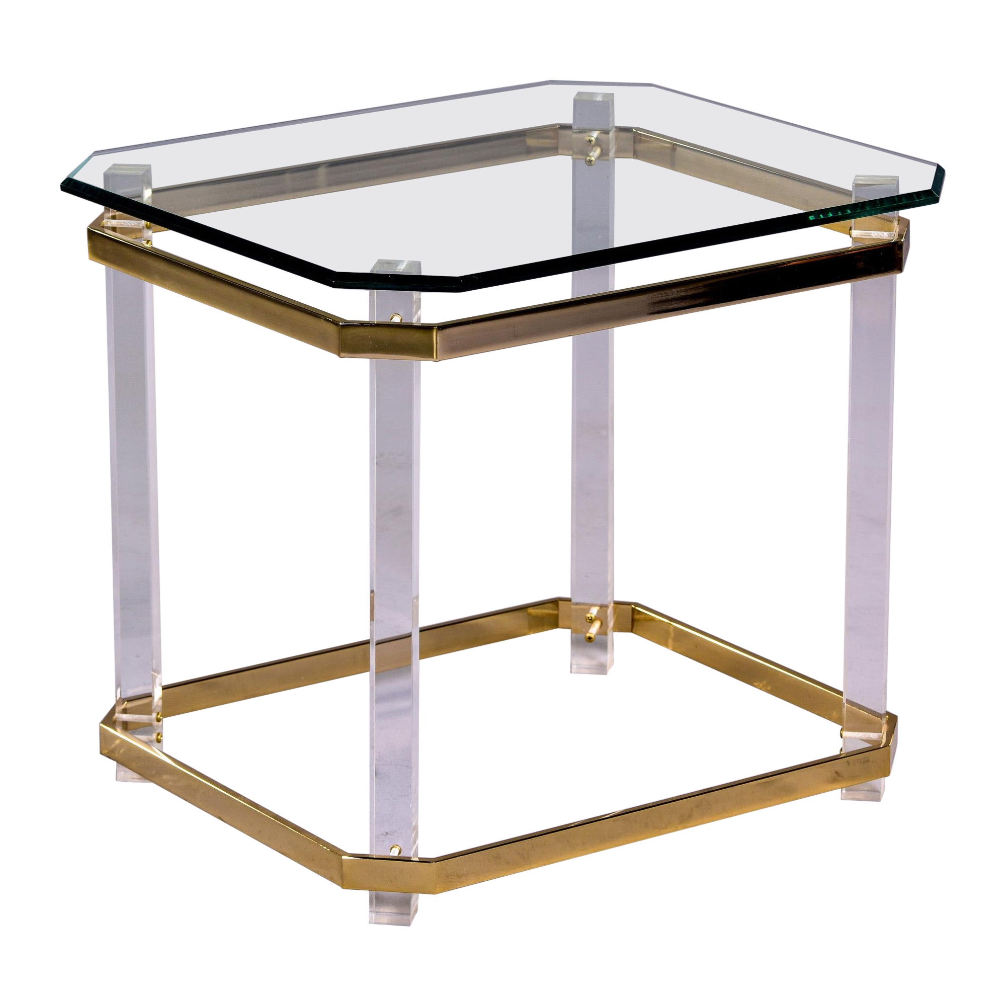 Tavolino in lucite di metà secolo in ottone e vetro