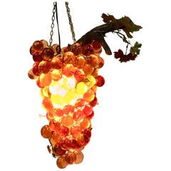 Vintage Mid-Century Lucite & Brass Large Grape Bunch Form Hanging Pendant Light