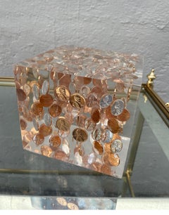 Mid Century Lucite Cube Penny Sculpture