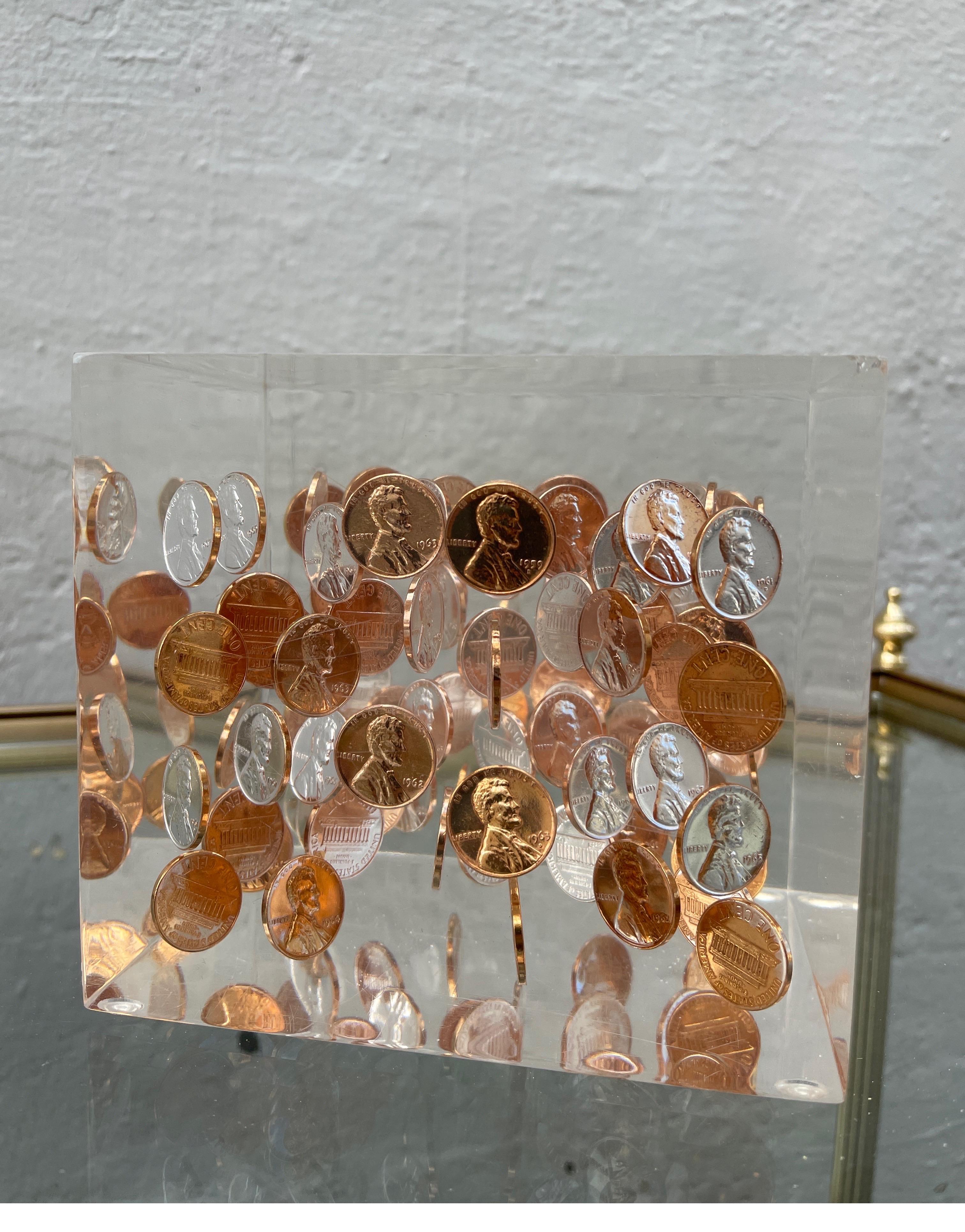 Mid Century Lucite Cube Penny Sculpture In Good Condition In West Palm Beach, FL