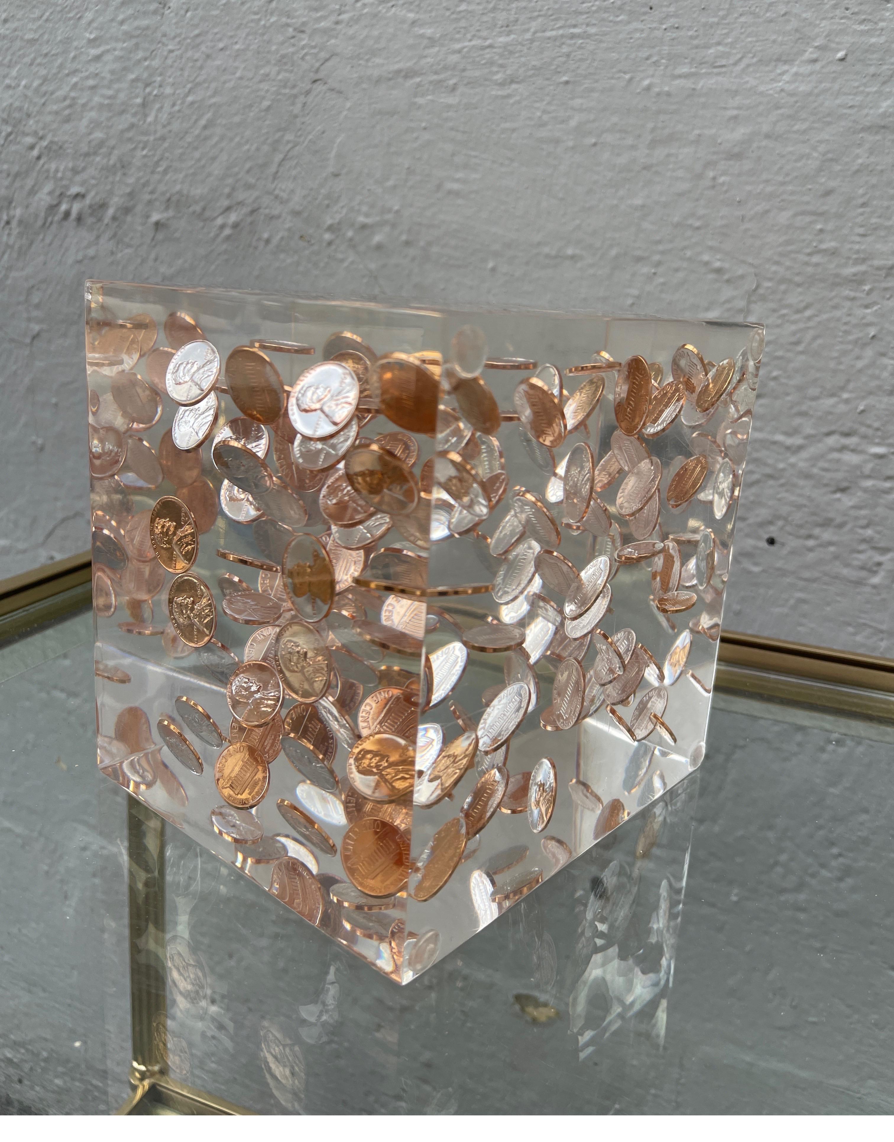Mid Century Lucite Cube Penny Sculpture 1