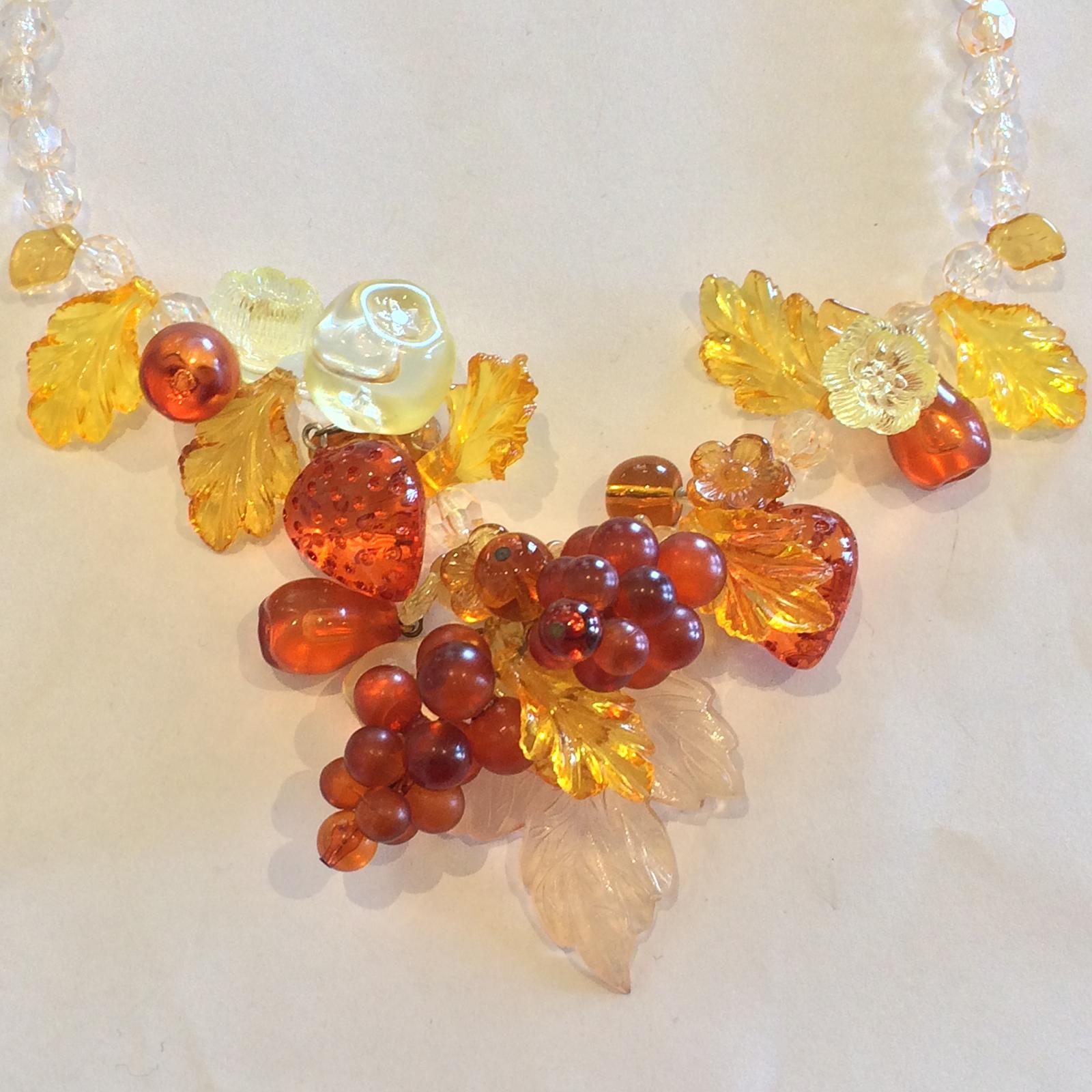 Art Deco Mid Century Lucite fruit and leaves Autumn Fall Necklace