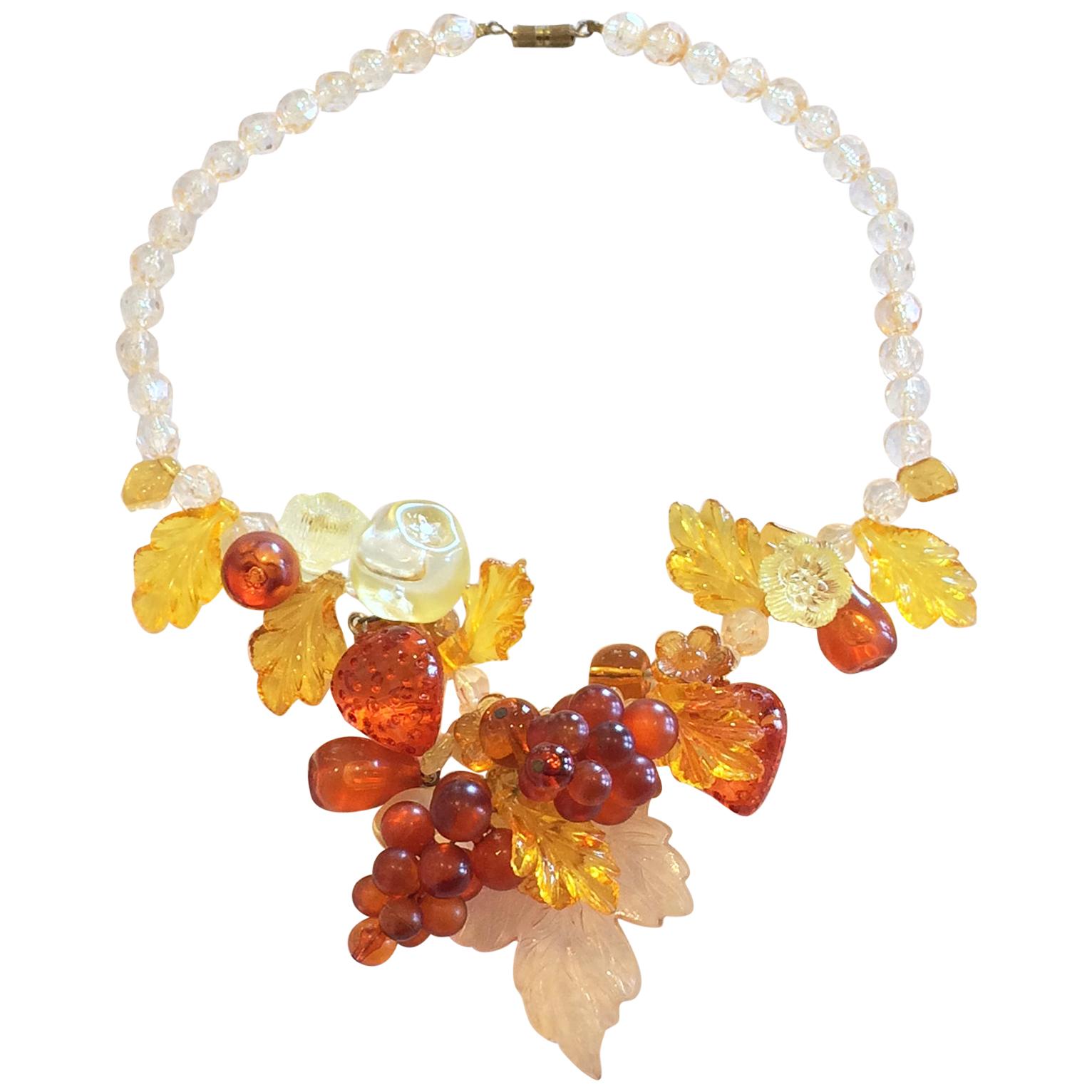 Mid Century Lucite fruit and leaves Autumn Fall Necklace