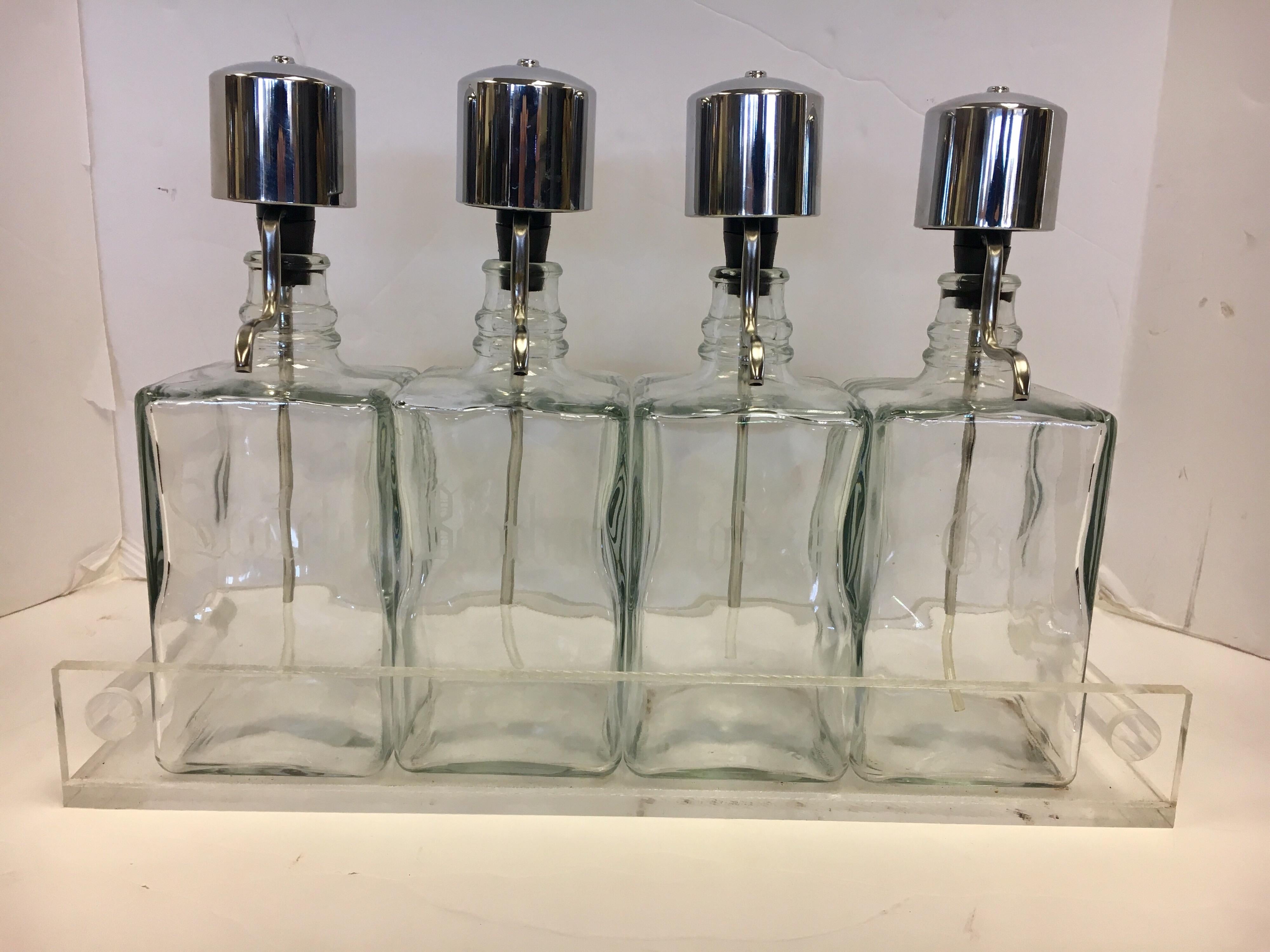 Mid-Century Modern Midcentury Lucite Glass Bar Barware Decanters Pump Scotch Bourbon Vodka Gin