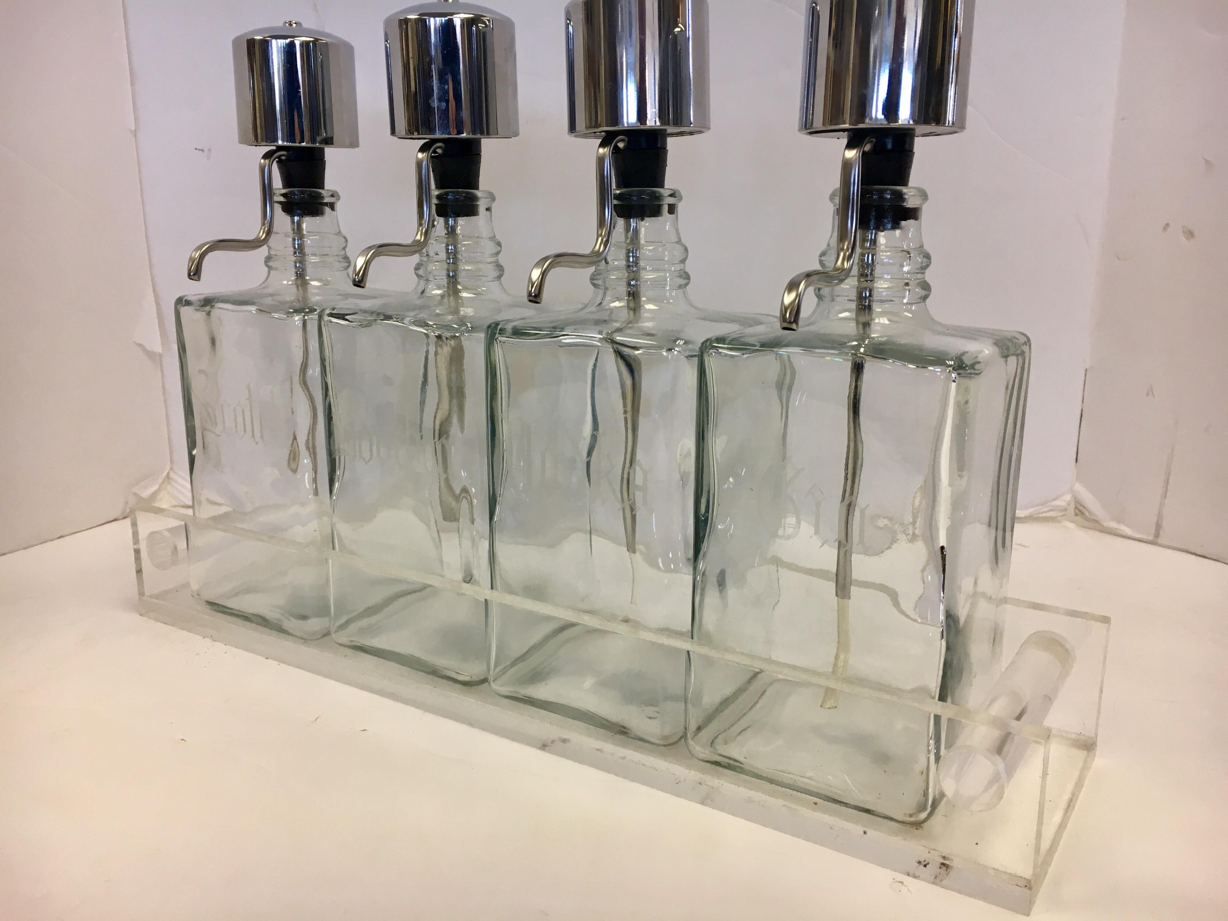 Midcentury Lucite Glass Bar Barware Decanters Pump Scotch Bourbon Vodka Gin 1