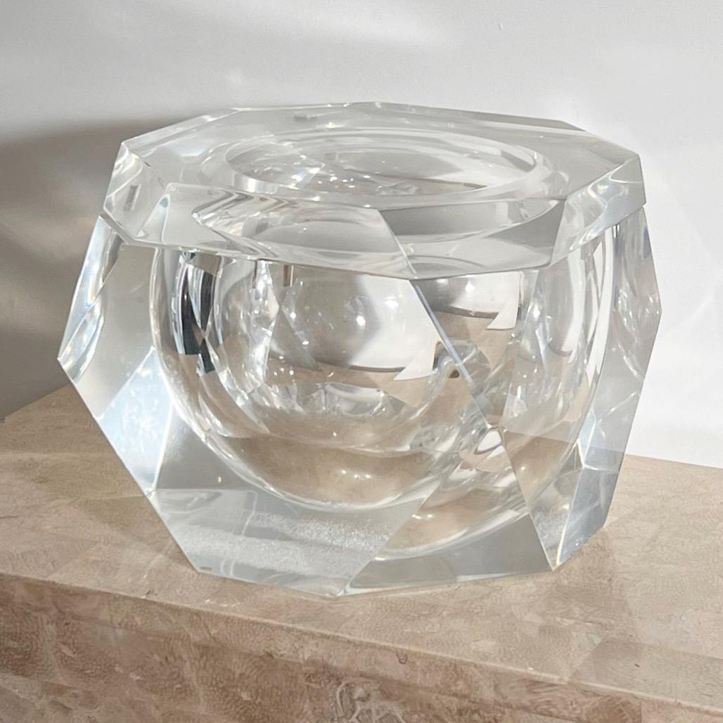 A monumental Mid-Century Modern lucite ice bucket by Alessandro Albrizzi, late 1960s. With swivel lid. Resembling a prismatic crystal or chunk of quartz. Heavy. Pick up in LA or we ship worldwide.