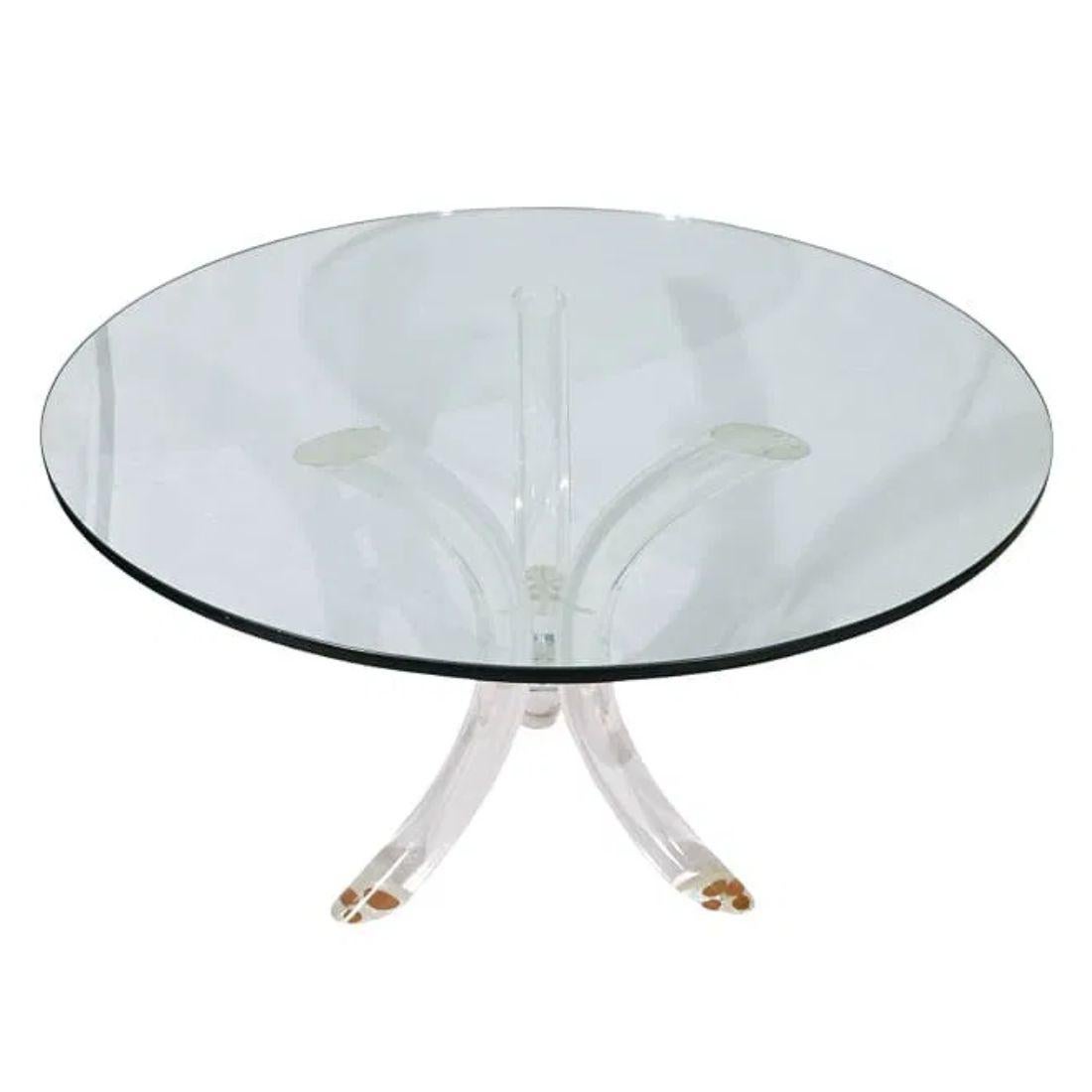 Vintage round glass table with modern curved tripod lucite pedestal base.