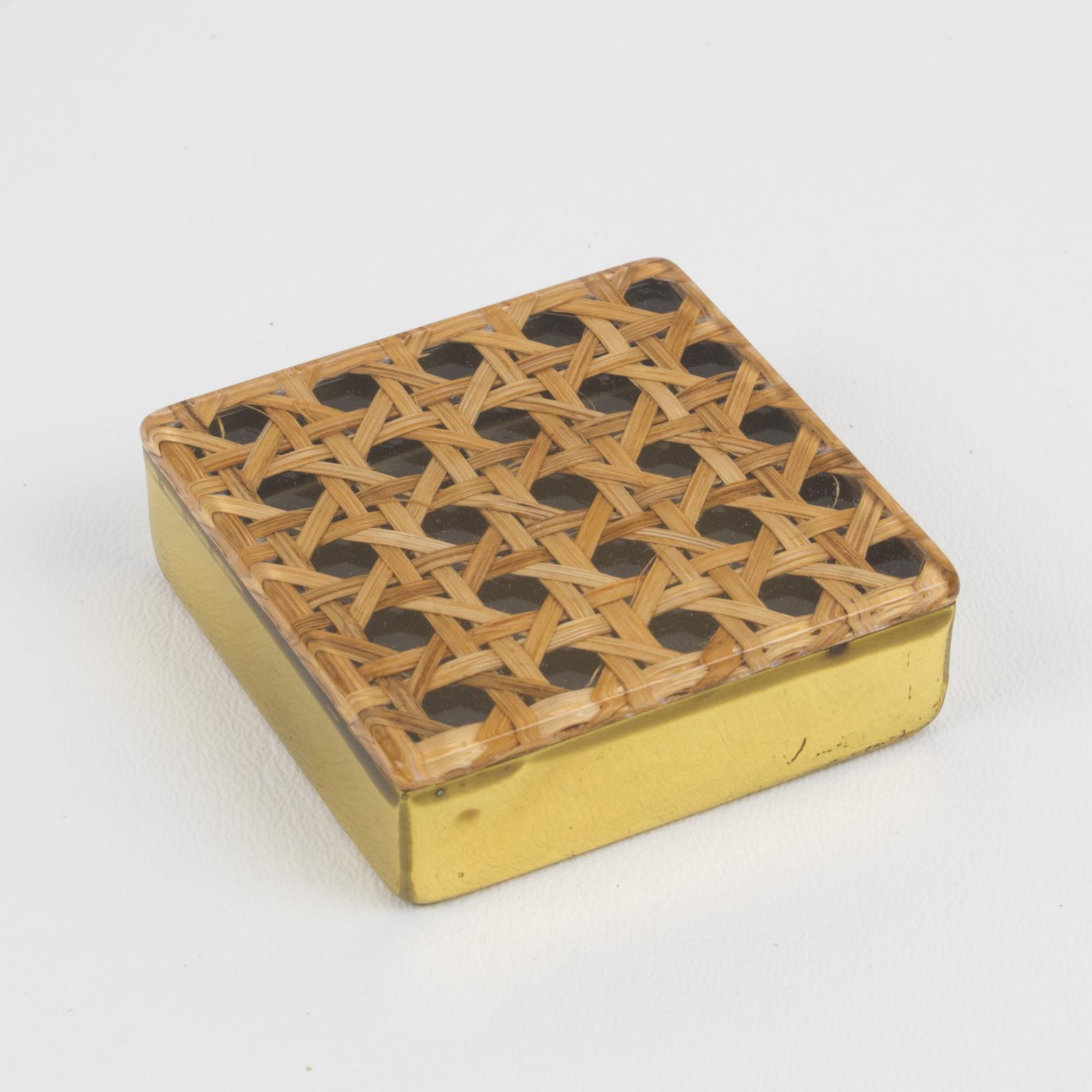 Mid-Century Lucite, Rattan and Brass Lighter and Box Set For Sale 4