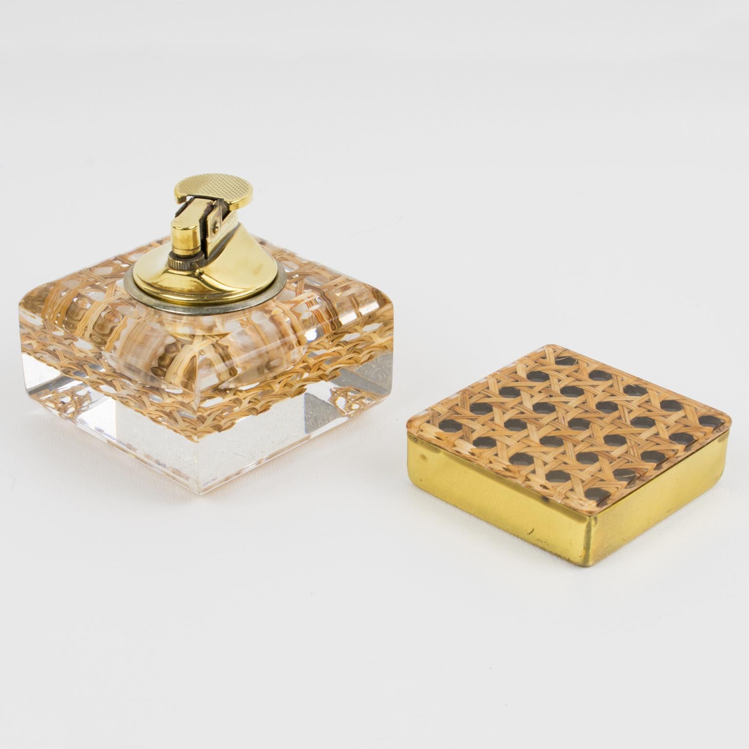 Mid-Century Modern Mid-Century Lucite, Rattan and Brass Lighter and Box Set For Sale