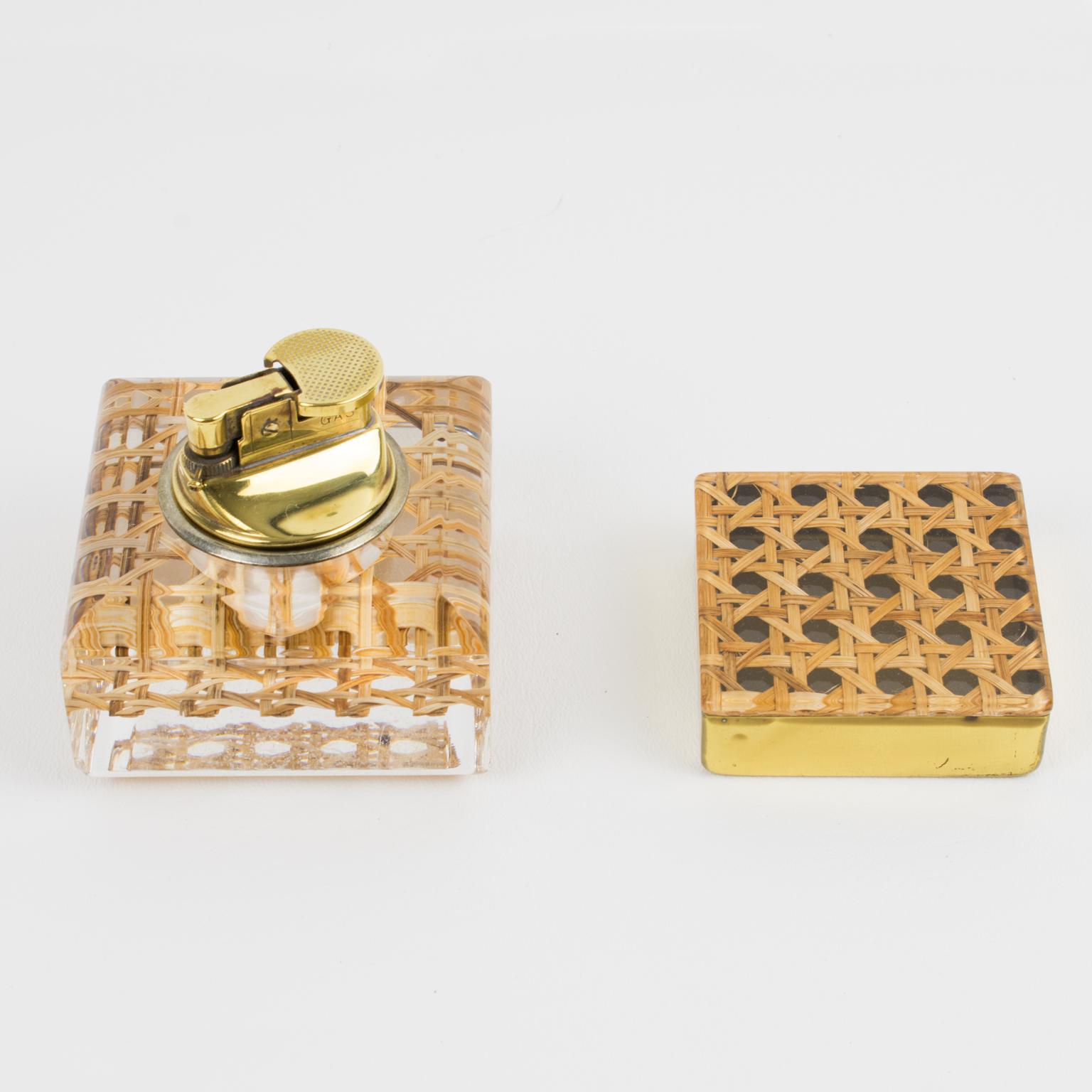 French Mid-Century Lucite, Rattan and Brass Lighter and Box Set For Sale