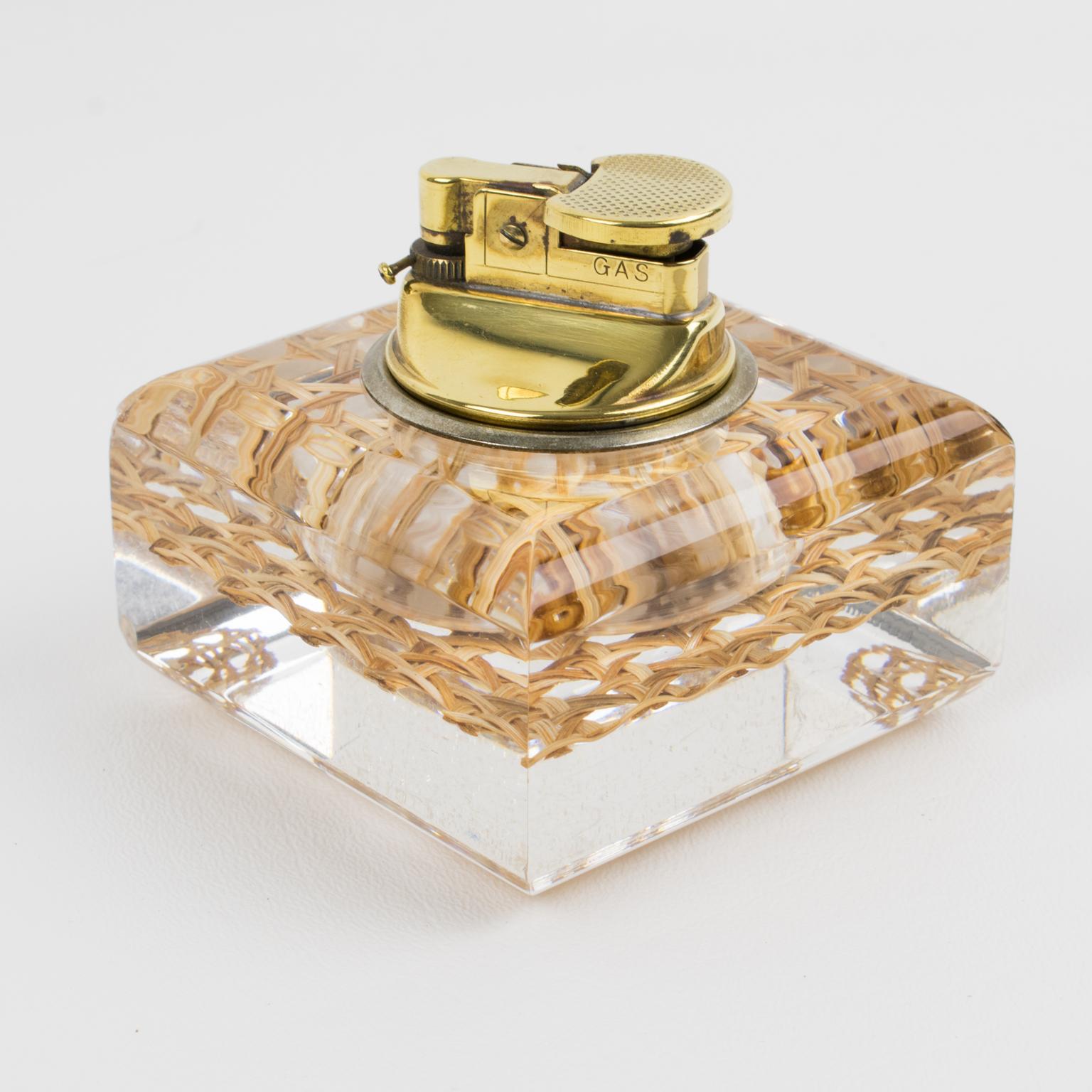 Late 20th Century Mid-Century Lucite, Rattan and Brass Lighter and Box Set For Sale
