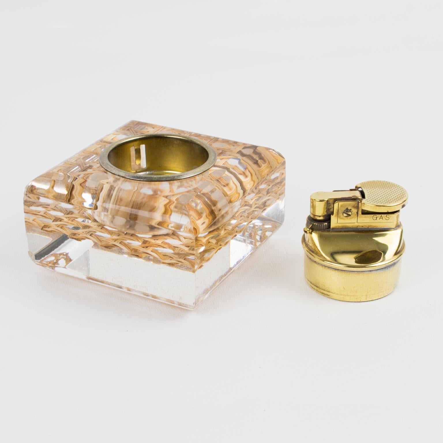 Metal Mid-Century Lucite, Rattan and Brass Lighter and Box Set For Sale