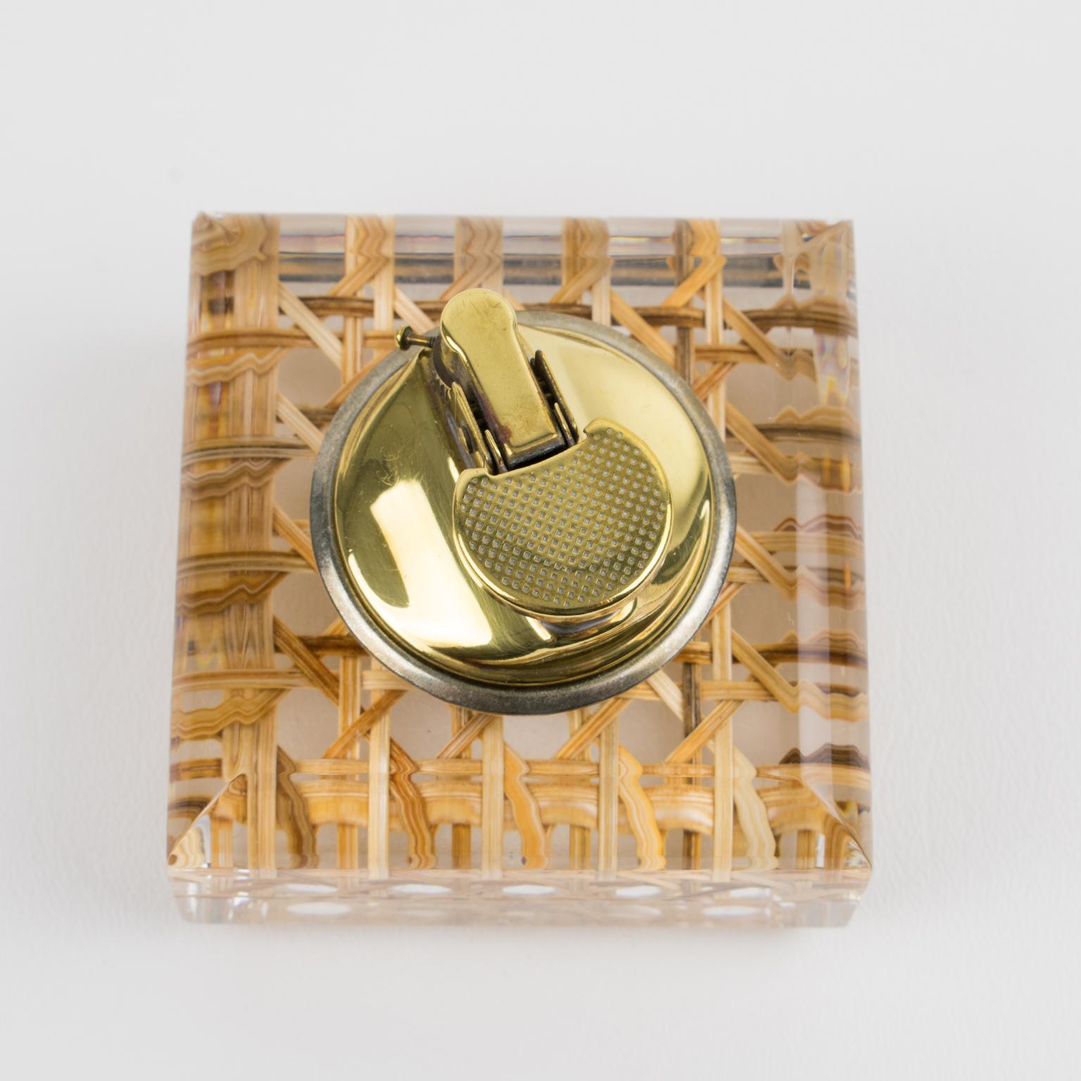 Mid-Century Lucite, Rattan and Brass Lighter and Box Set For Sale 1