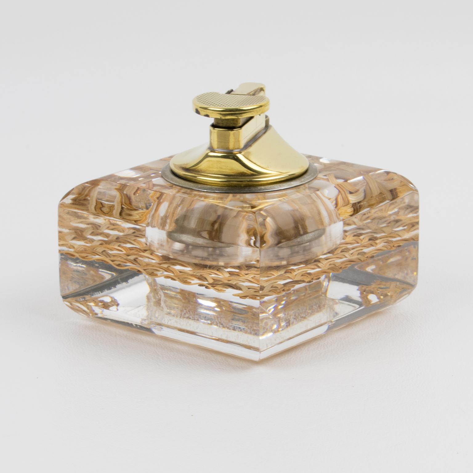 Mid-Century Lucite, Rattan and Brass Lighter and Box Set For Sale 2