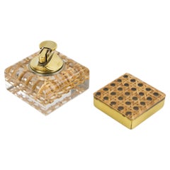 Mid-Century Lucite, Rattan and Brass Lighter and Box Set