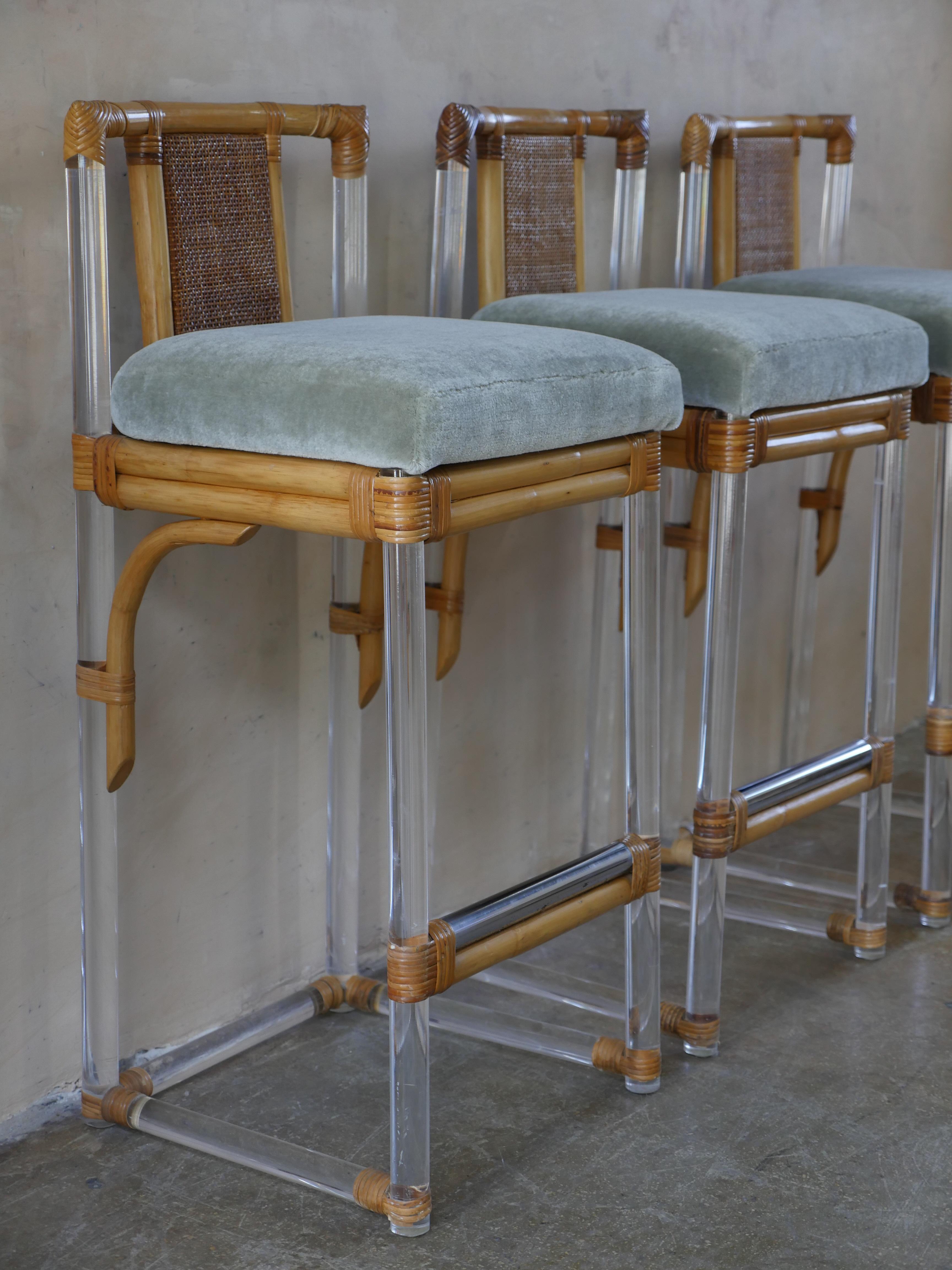 Mid-Century Lucite Rattan and Chrome Barstools with Mohair Fabric - Set of Three In Good Condition In Miami, FL