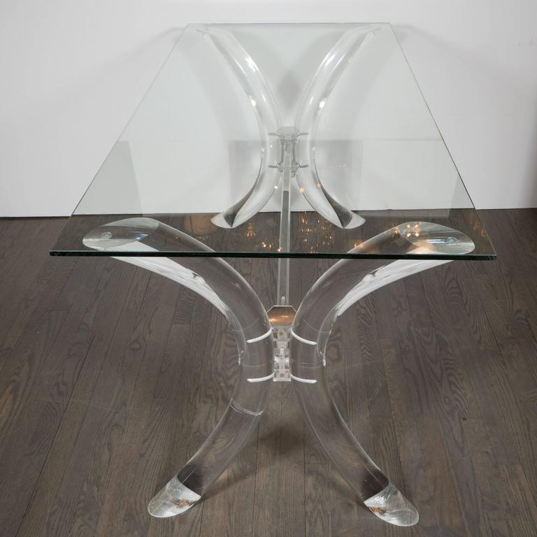Glass Mid-Century Lucite Saber Leg Console in the Style of Charles Hollis Jones For Sale