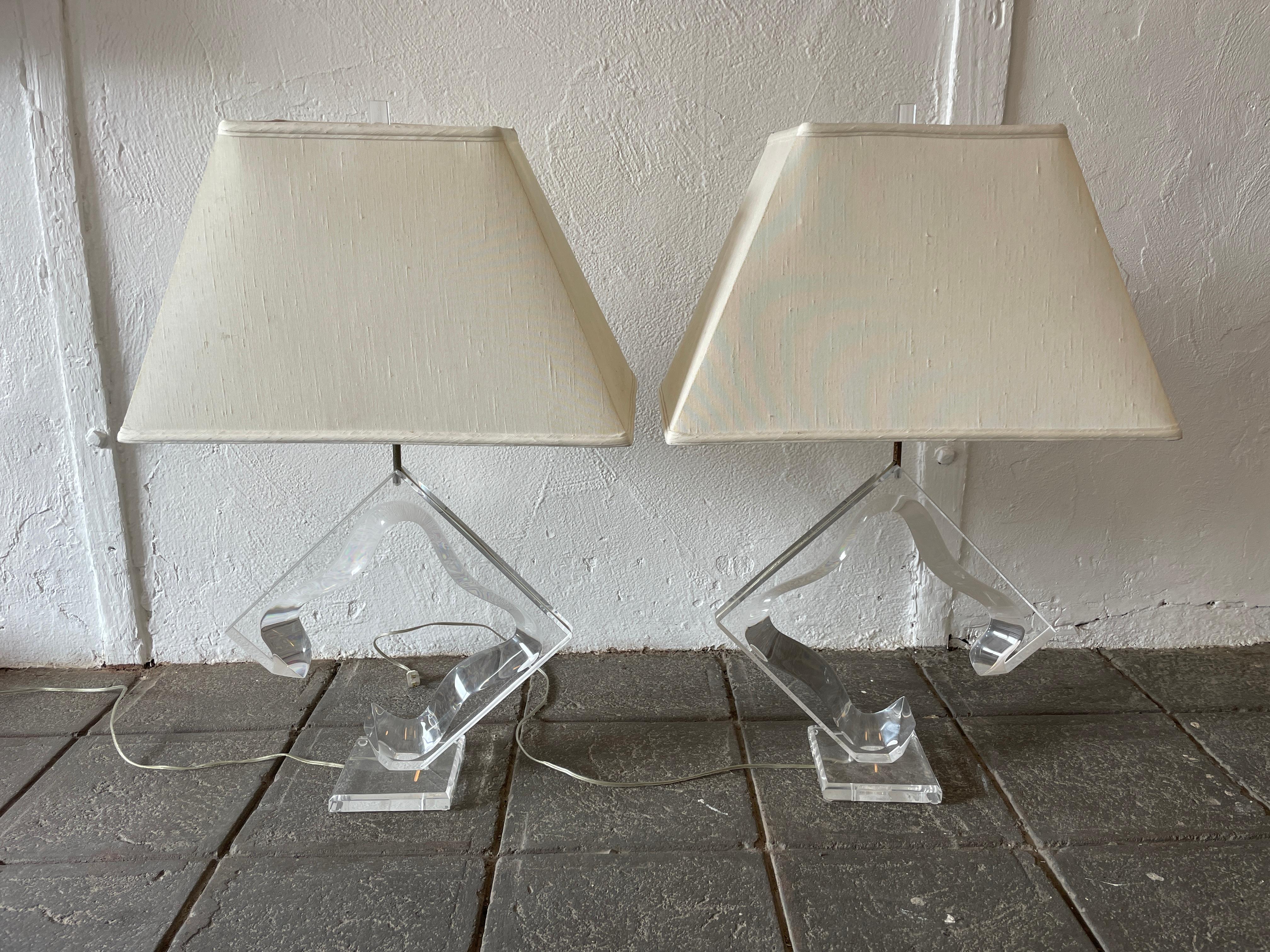 Mid-Century Modern Pair of custom Lucite table lamps with rectangular shades. 120v American Plug - Lamps function 100% takes normal Edison Light bulbs. Located in Brooklyn NYC.