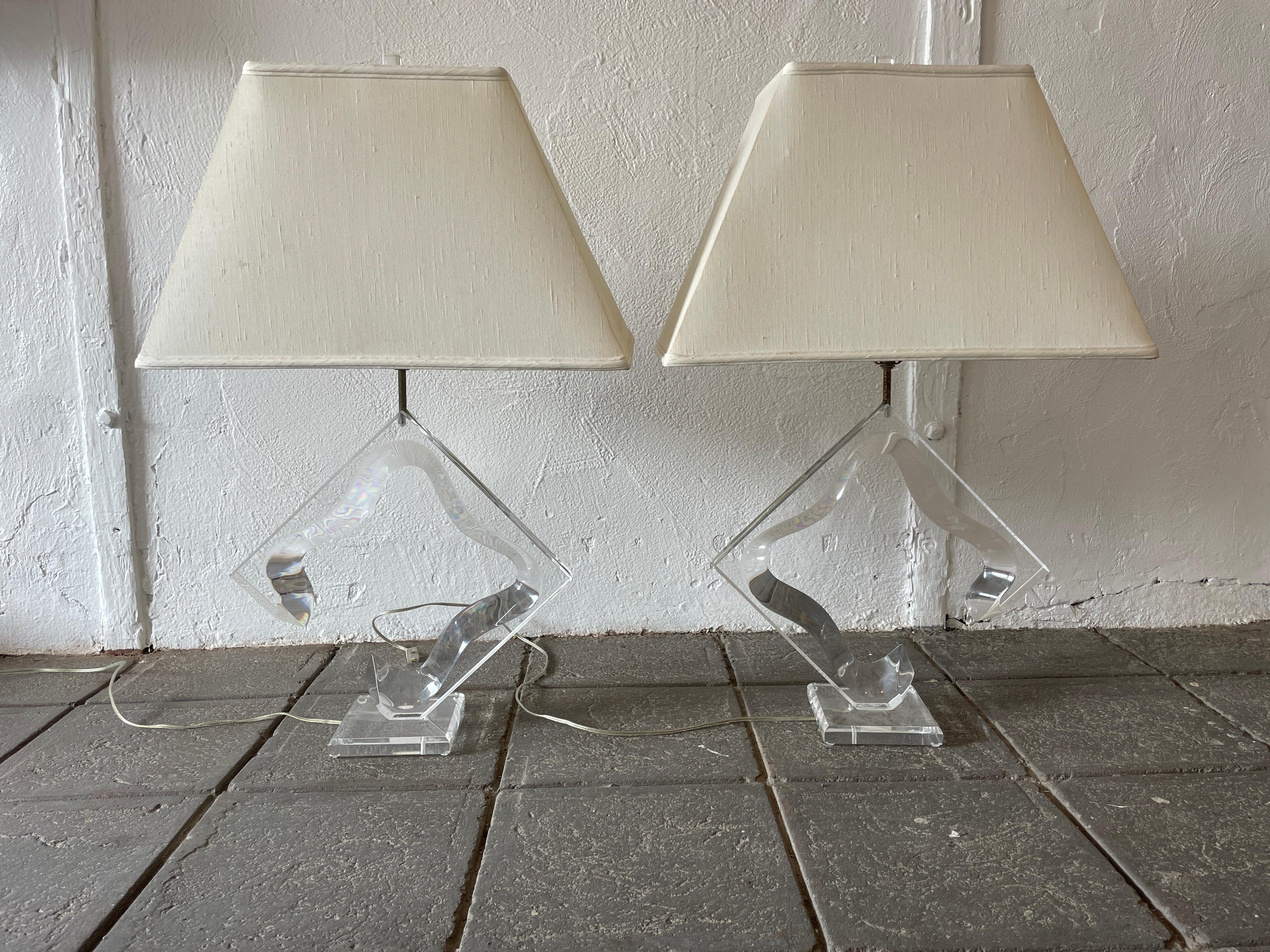 Mid-Century Modern Mid Century Lucite Sculpted Table Lamps with Shades Circa 1970