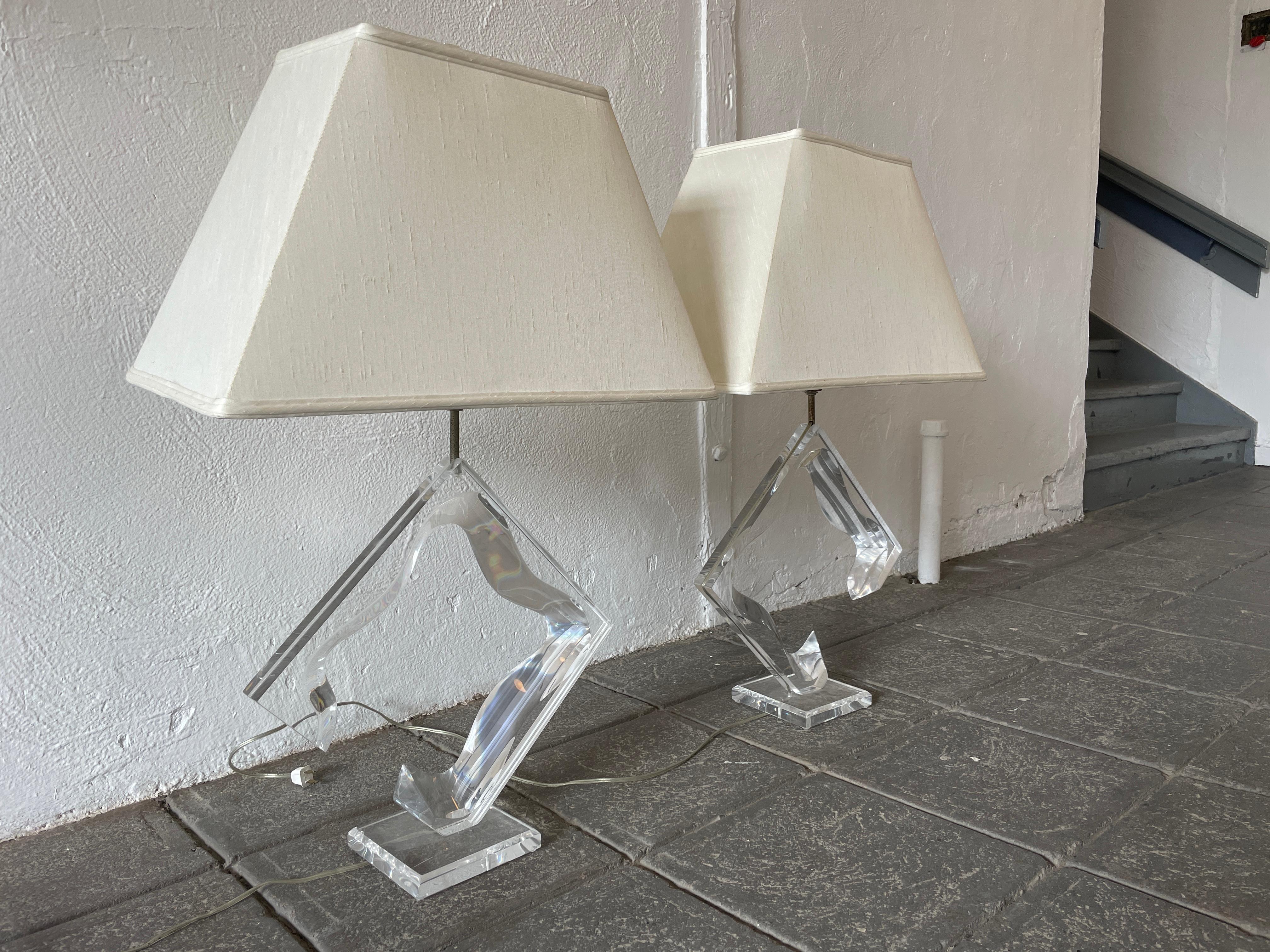 Mid Century Lucite Sculpted Table Lamps with Shades Circa 1970 In Good Condition In BROOKLYN, NY