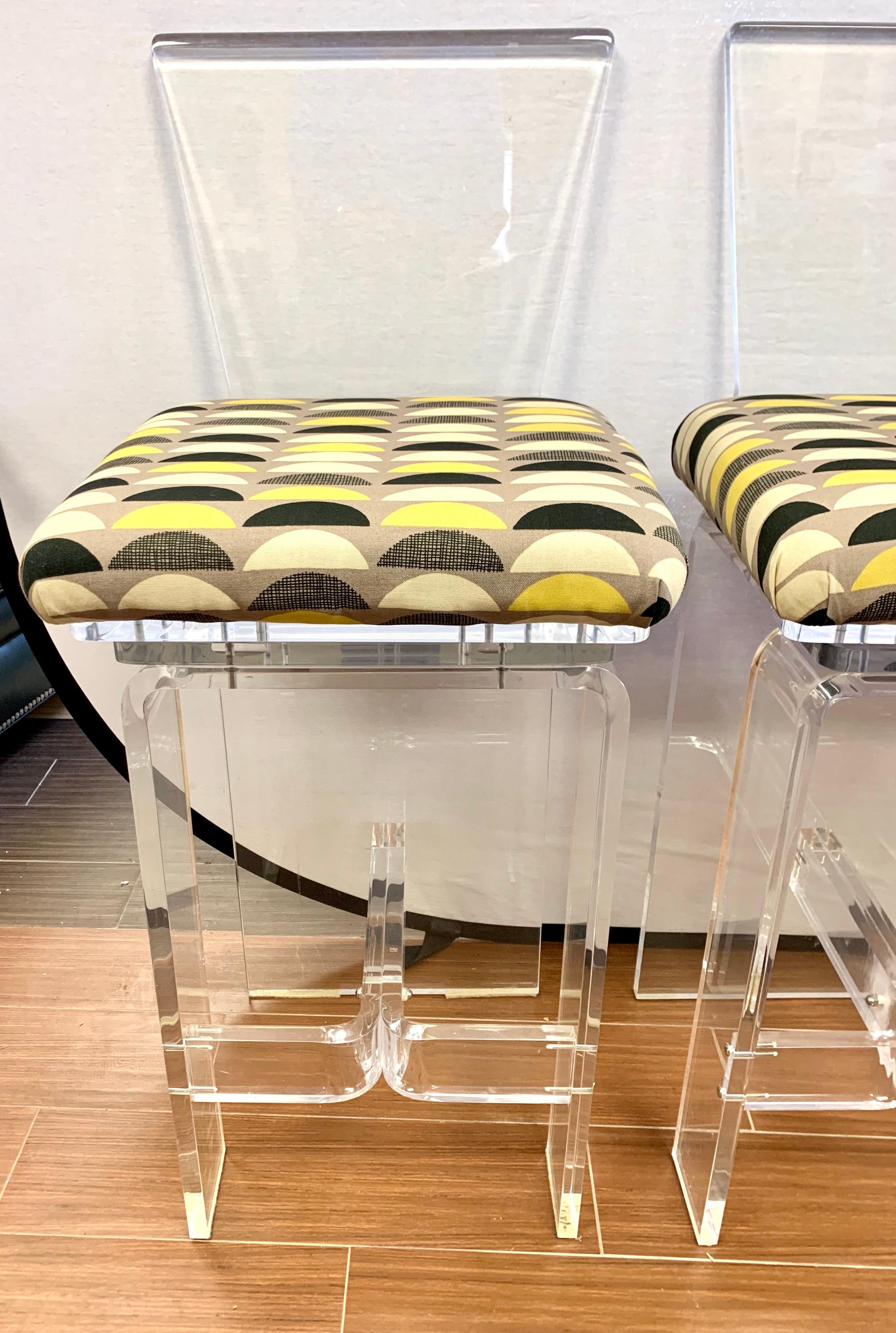 Mid-Century Modern Midcentury Lucite Swivel Bar Stools, New Upholstery, Set of 3