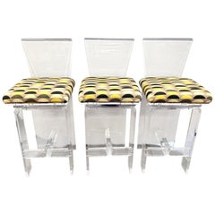 Midcentury Lucite Swivel Bar Stools, New Upholstery, Set of 3