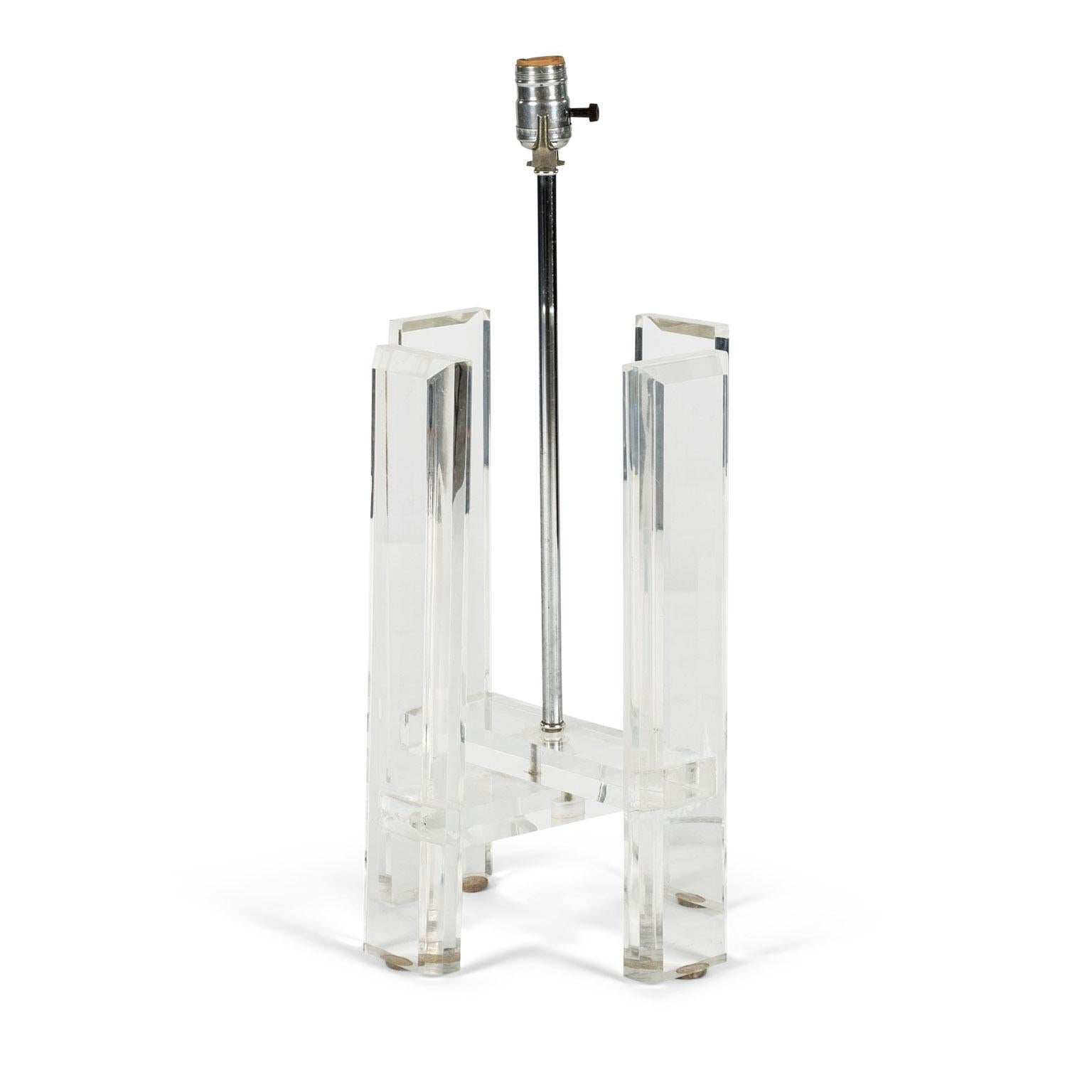 Mid-century Lucite table lamp accented with anodized aluminum central rod. Heavy Lucite body circa 1970s, newly wired for use within the USA using UL listed parts. Sold without shade. Grass cloth shade pictured in last three images sold separately