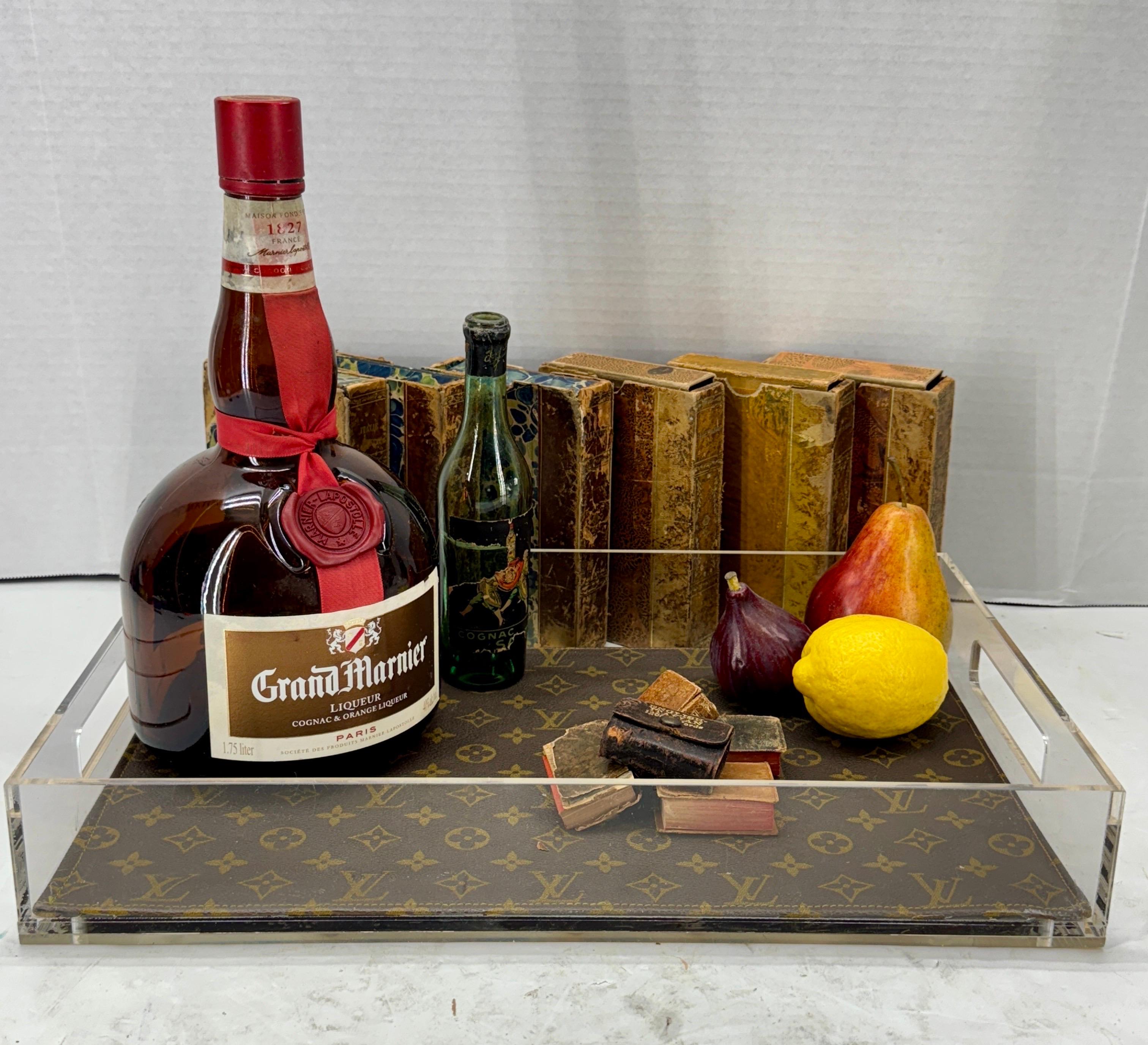 Unschlagbares Bar-Tablett aus Lucite mit authentischem Louis Vuitton-Stoff. Um dieses Stück noch einzigartiger zu machen, haben wir auf der Rückseite diesen Aquarelldruck aus dem frühen 19. Wir sehen dieses Tablett in einem Barbereich, mit