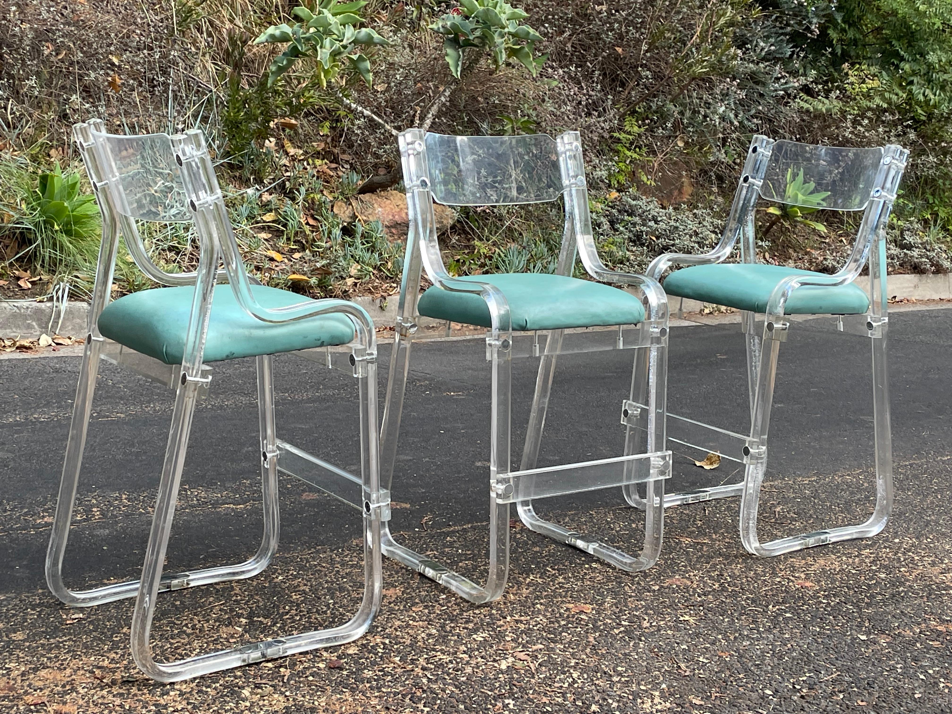 Mid-Century Modern Mid-Century Lucite & Turquoise Bar Stools by Charles Hollis Jones, Set of 3