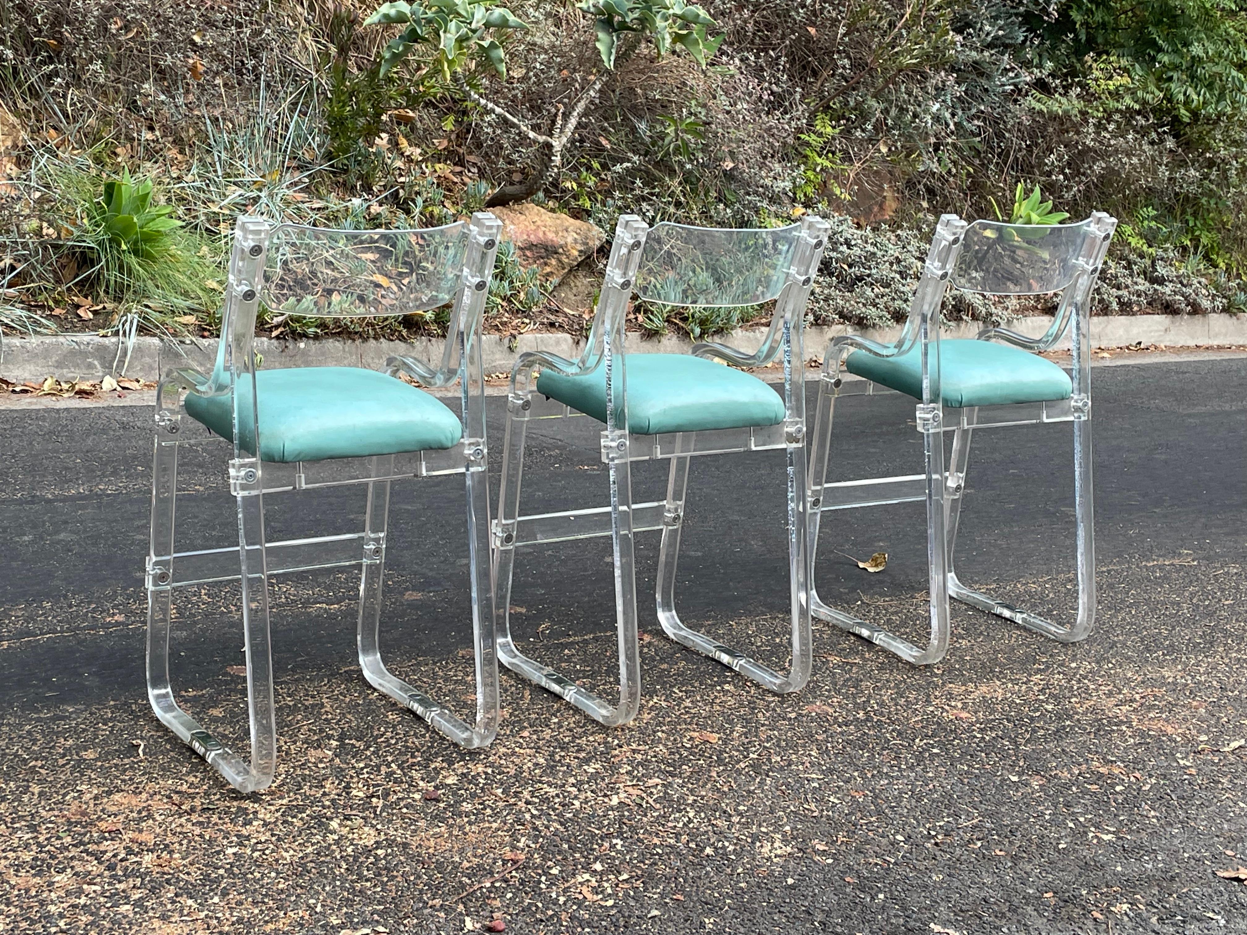 American Mid-Century Lucite & Turquoise Bar Stools by Charles Hollis Jones, Set of 3