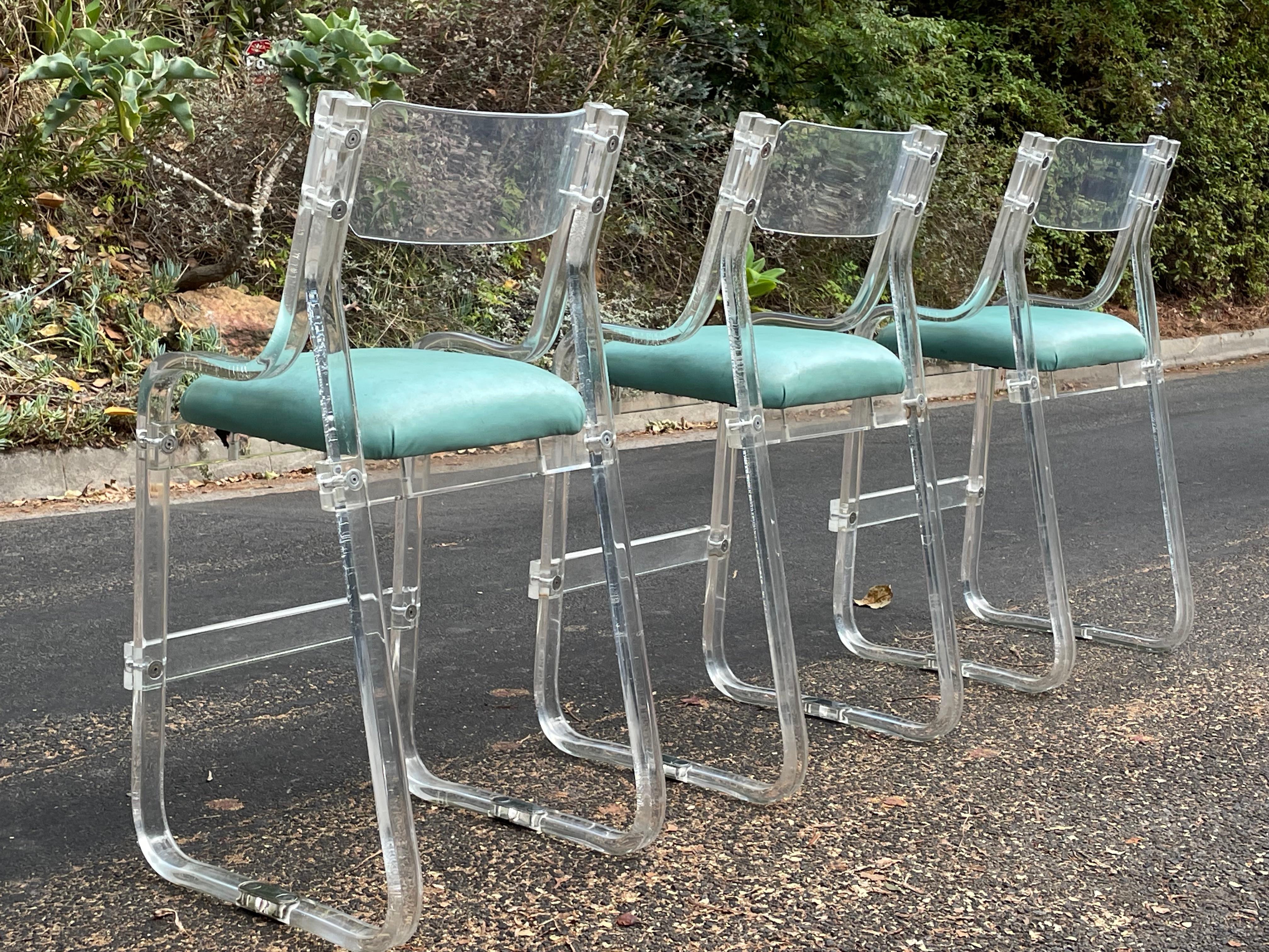 Mid-20th Century Mid-Century Lucite & Turquoise Bar Stools by Charles Hollis Jones, Set of 3