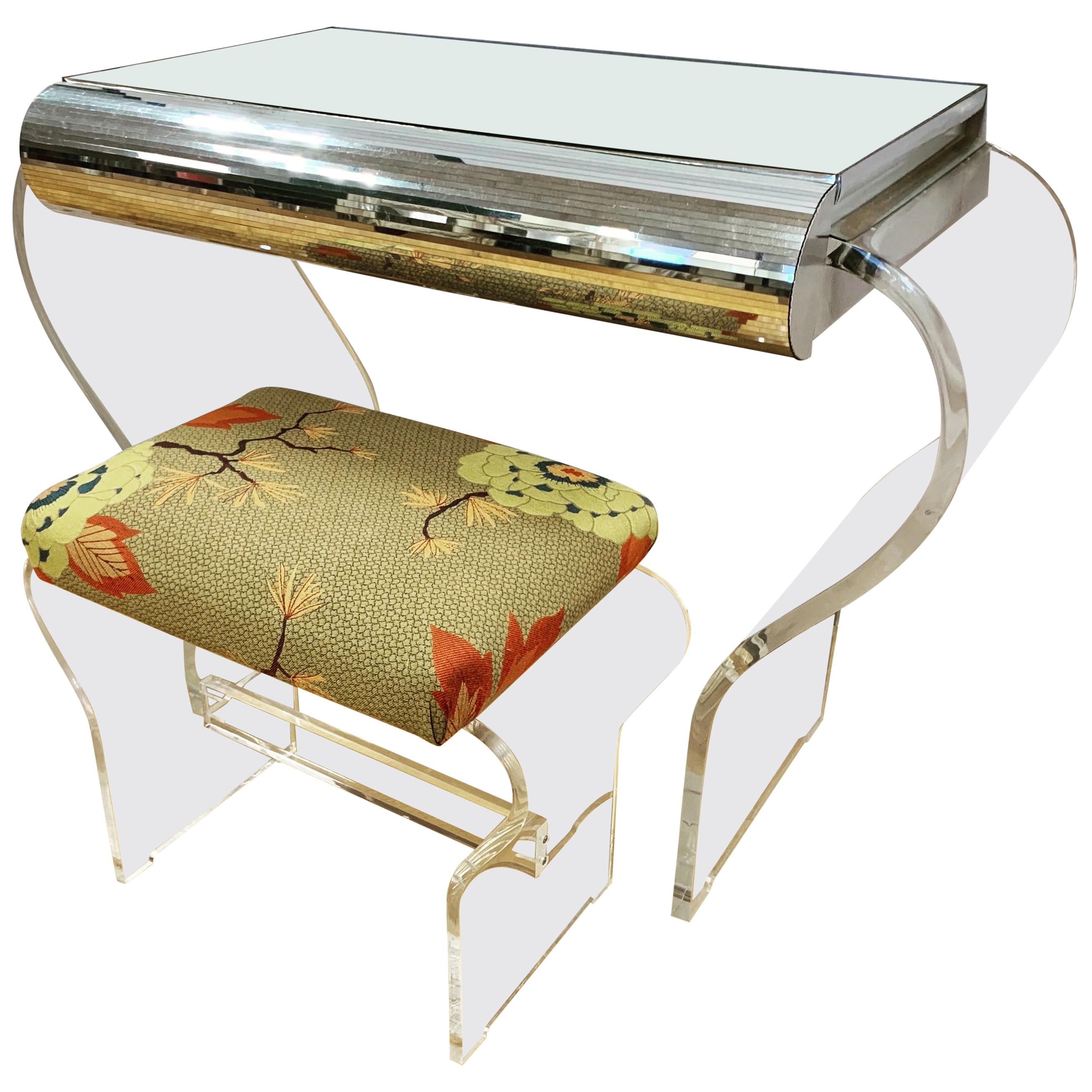 Midcentury Lucite & Mirrored Vanity Desk with Stool, 2 Pc.