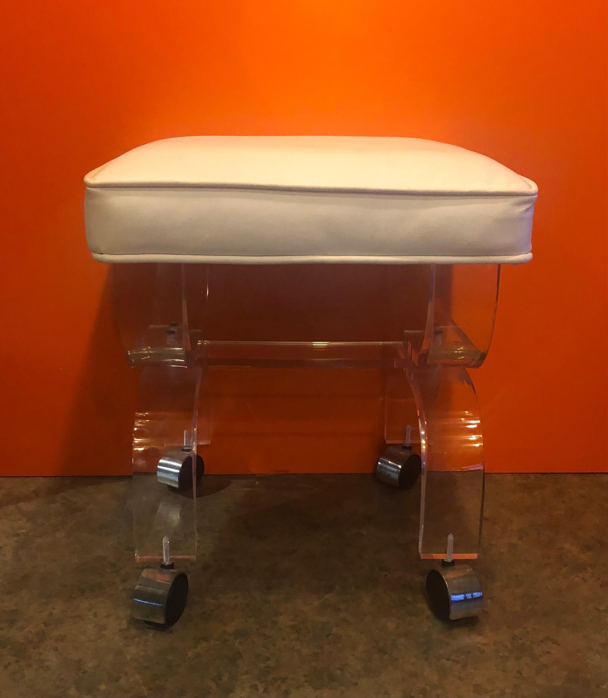 Mid-Century Modern Midcentury Lucite Vanity Stool or Bench with White Seat