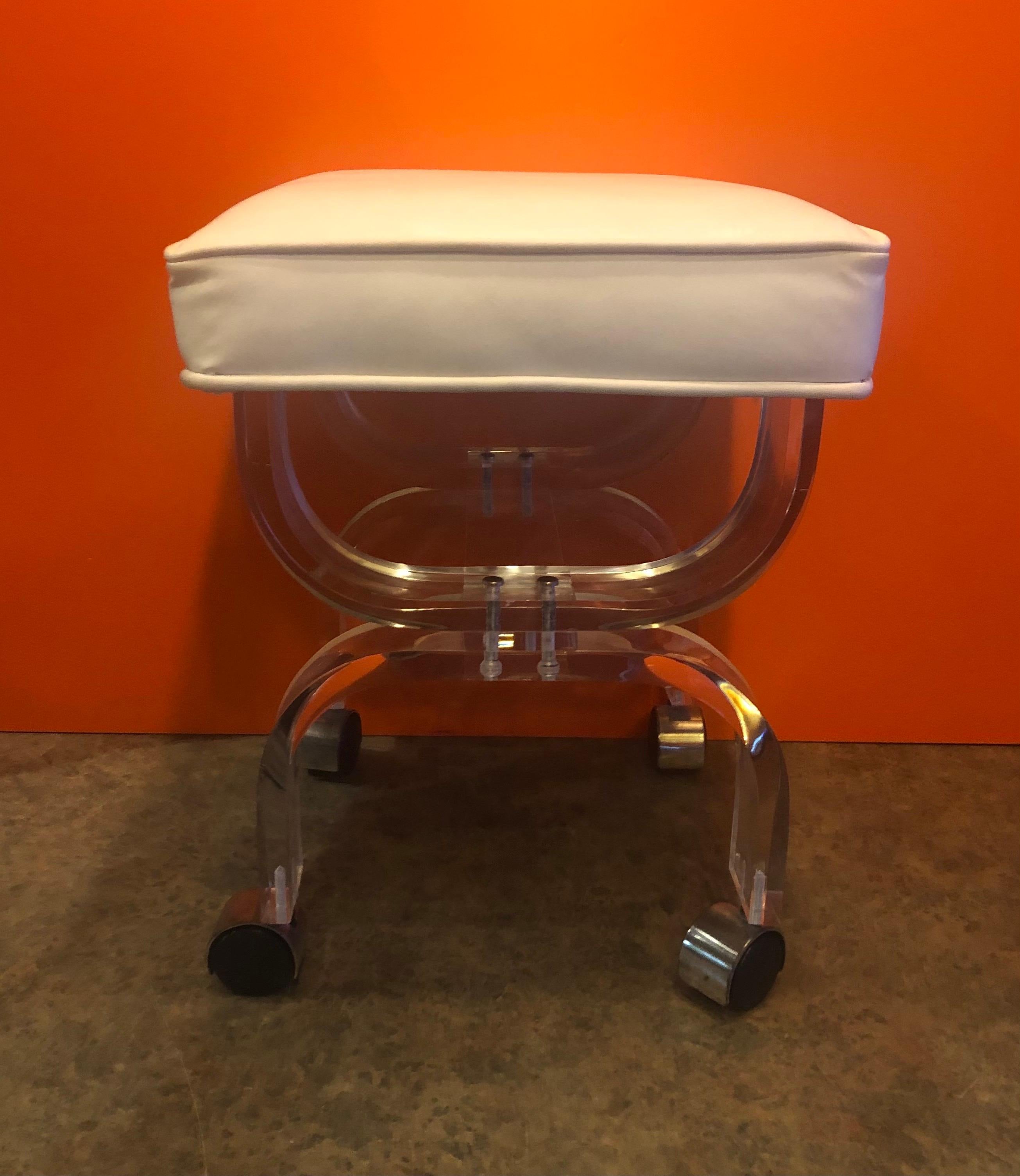 Naugahyde Midcentury Lucite Vanity Stool or Bench with White Seat