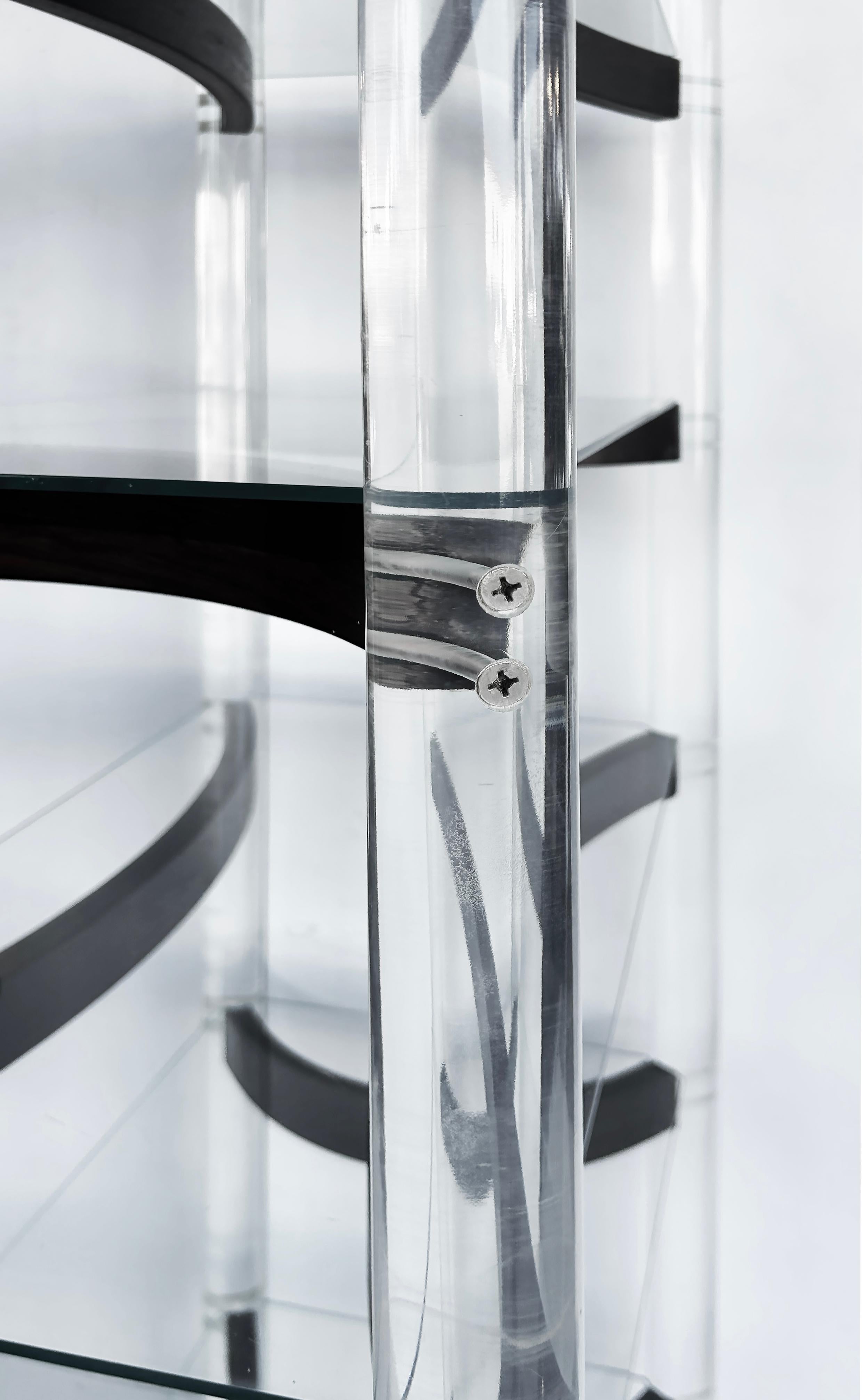 Etagere-Vitrinenschrank aus Lucite, Holz und Glas mit geschwungenen Regalstützen aus der Mitte des Jahrhunderts (20. Jahrhundert) im Angebot