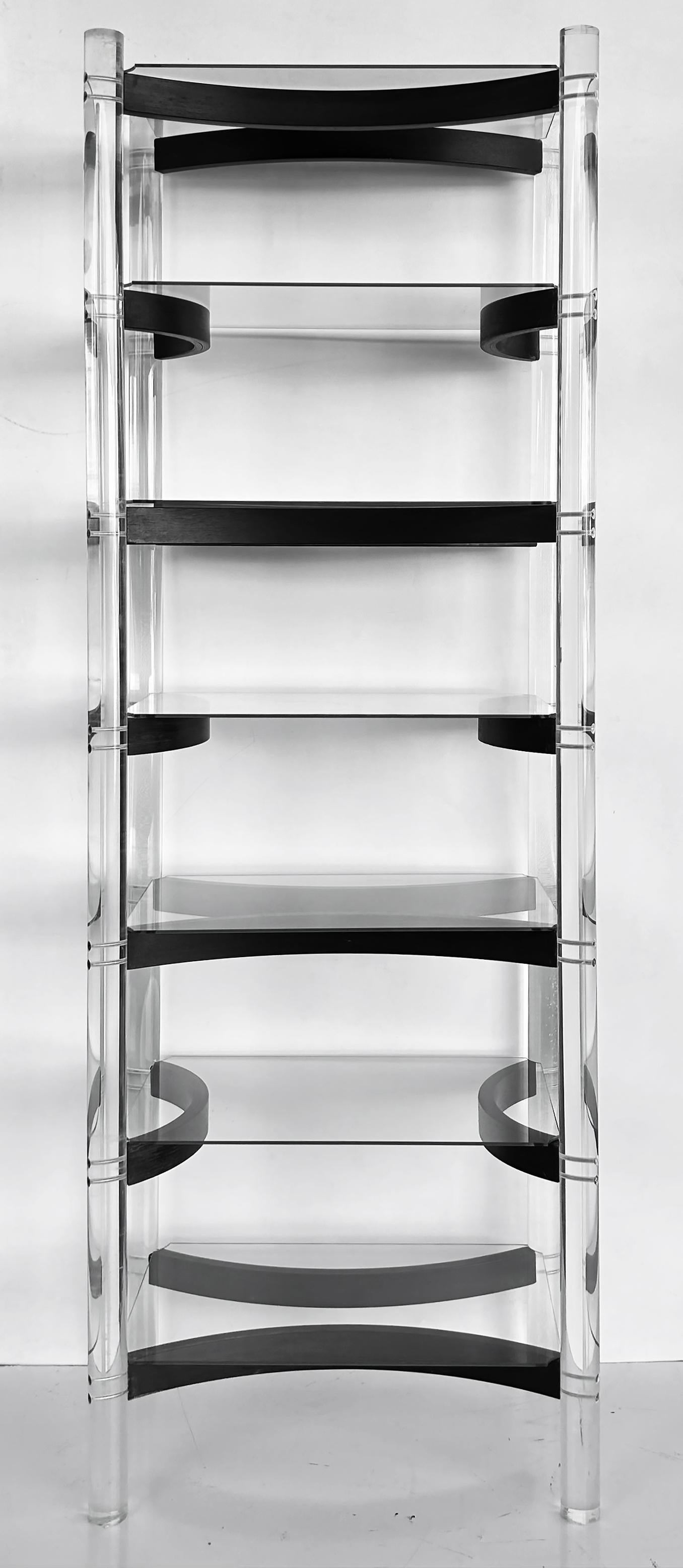 Etagere aus Lucite, Holz und Glas aus der Mitte des Jahrhunderts mit gebogenen Regalstützen

Zum Verkauf angeboten wird eine moderne Etagere aus Lucite, Holz und Glas aus der Mitte des Jahrhunderts mit gebogenen Stützen und Glasböden. Diese