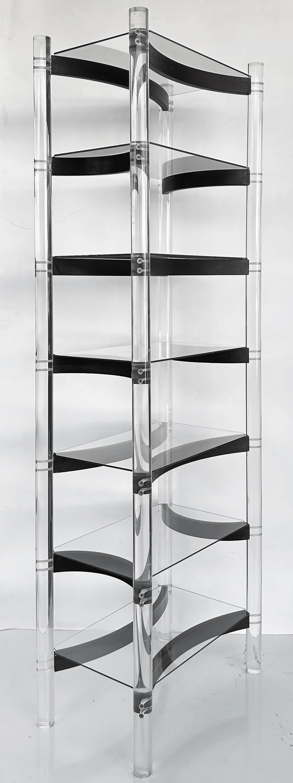 Etagere-Vitrinenschrank aus Lucite, Holz und Glas mit geschwungenen Regalstützen aus der Mitte des Jahrhunderts (Moderne der Mitte des Jahrhunderts) im Angebot