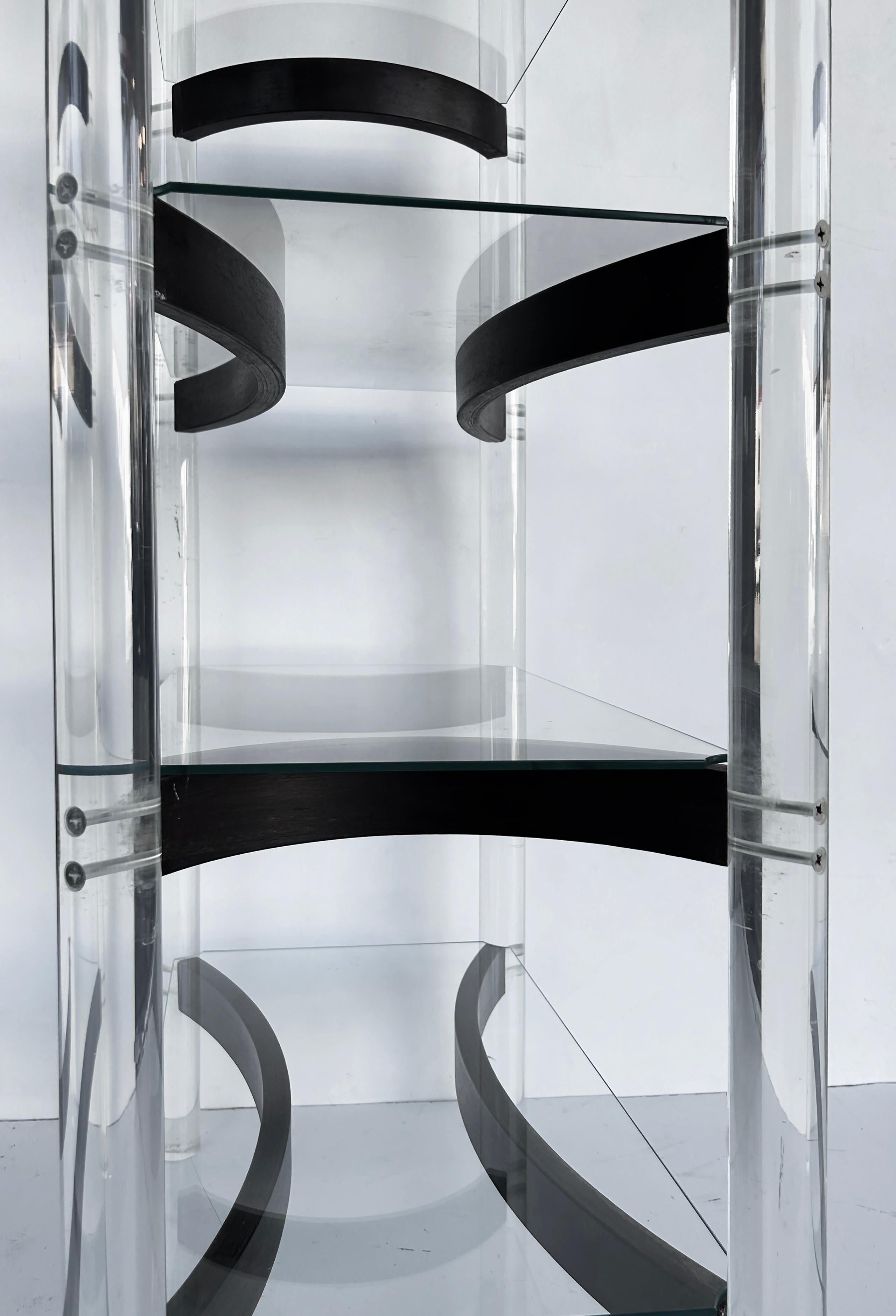 Etagere-Vitrinenschrank aus Lucite, Holz und Glas mit geschwungenen Regalstützen aus der Mitte des Jahrhunderts im Angebot 1