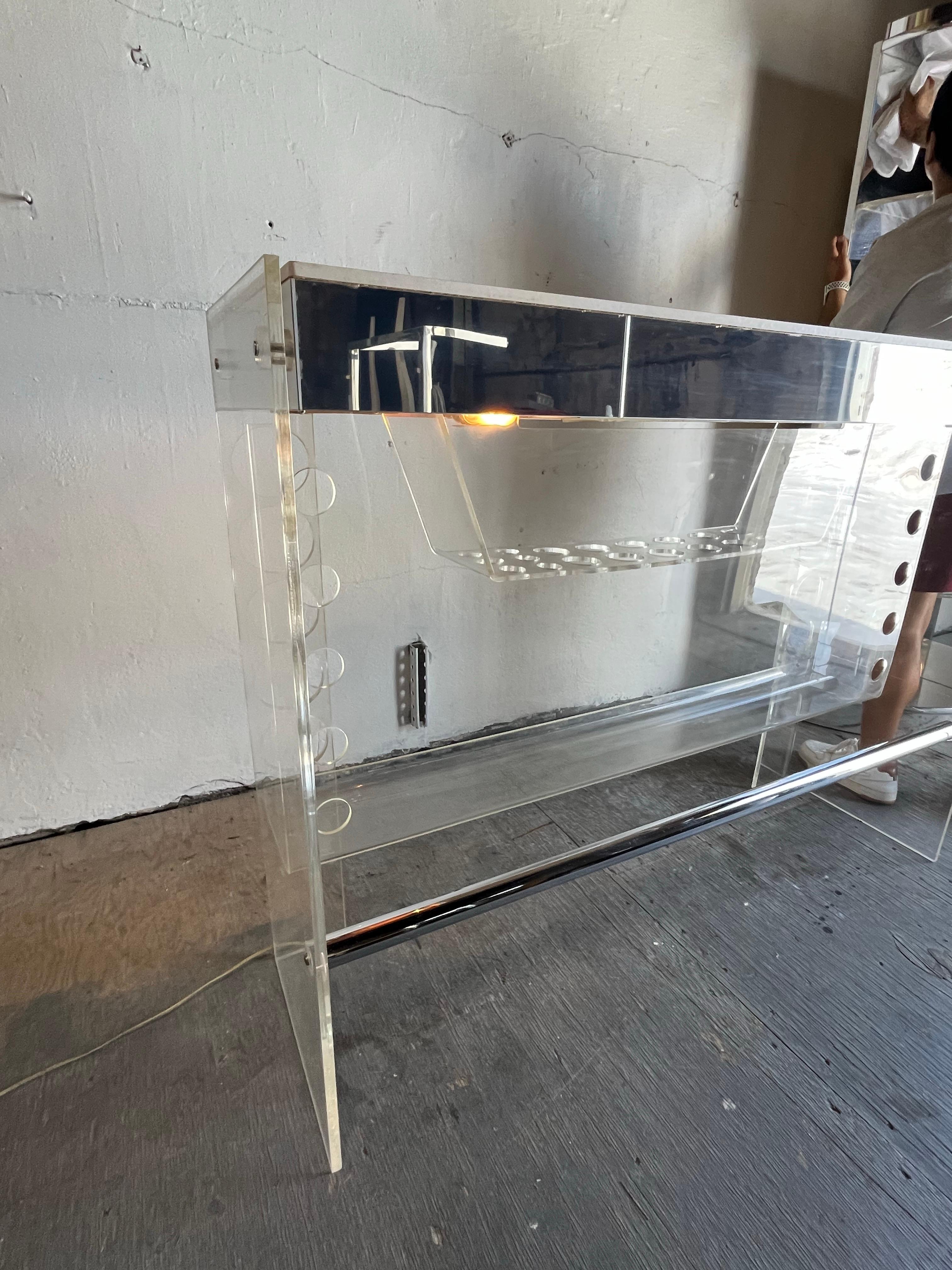 Chrome Mid Century Luigi Bardini Illuminated Lucite Bar and Corner Shelving For Sale