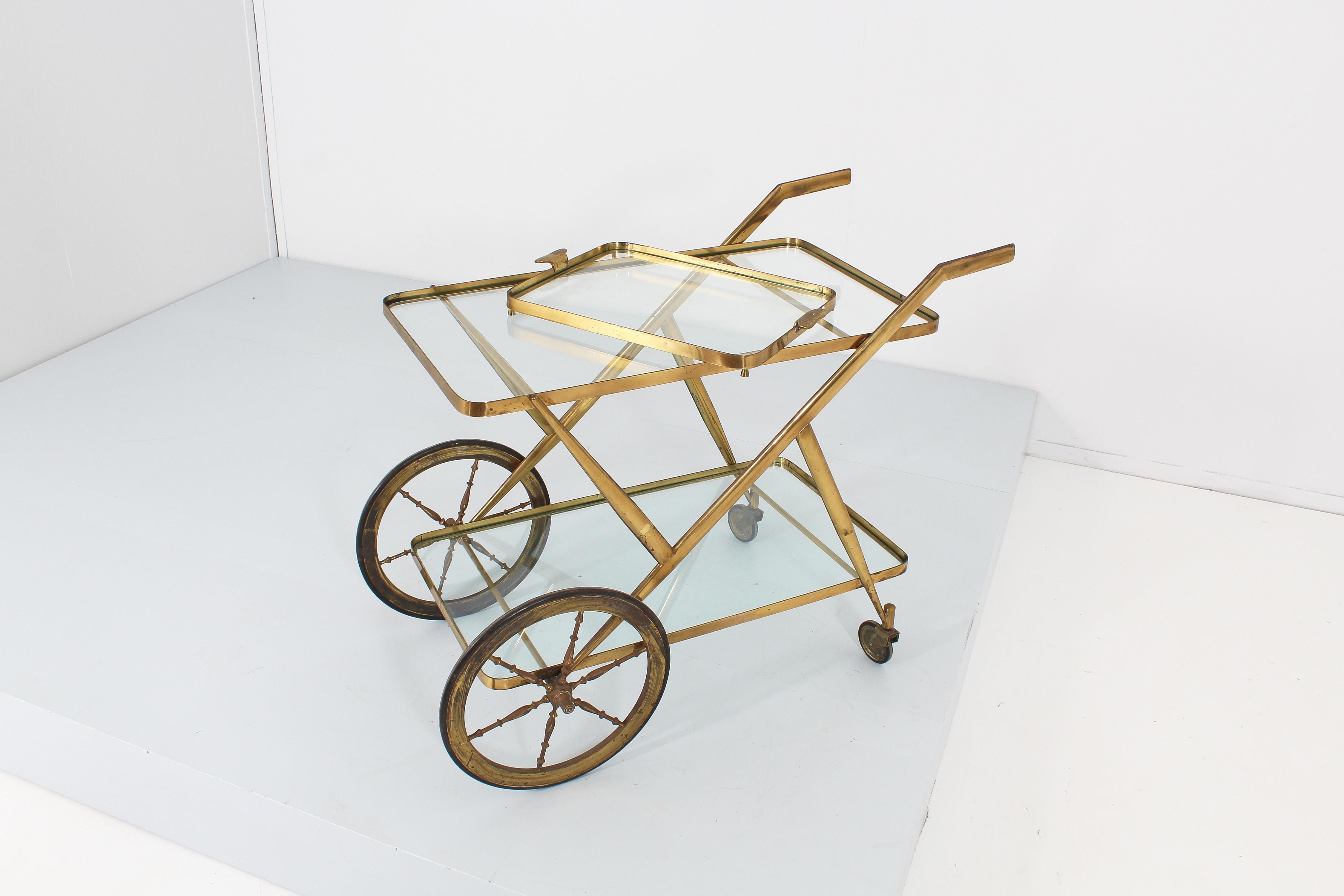 Mid-Century Luigi Brusotti Vintage Solid Brass Serving Bar Cart, Italy, 1950s 4