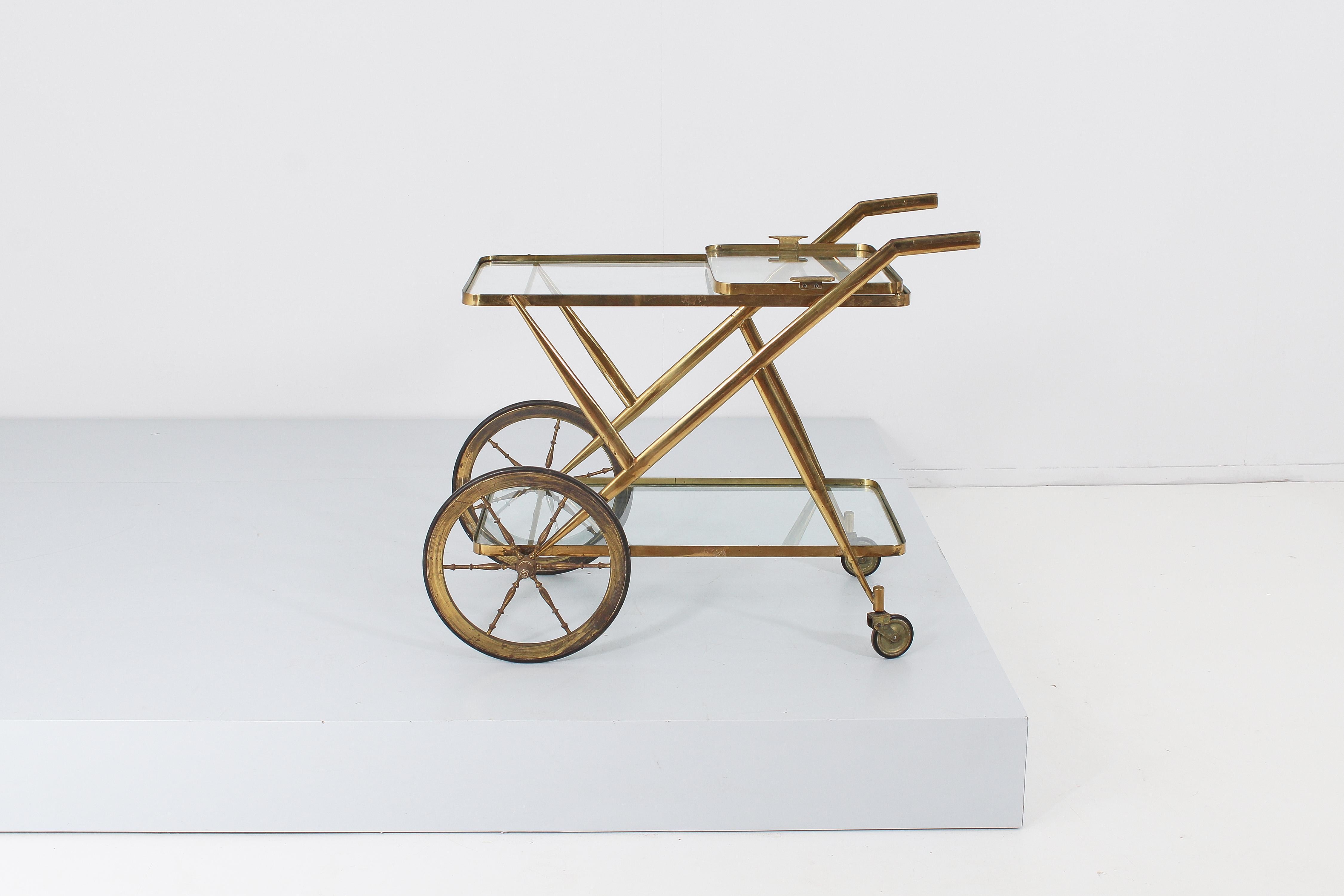 Mid-Century Luigi Brusotti Vintage Solid Brass Serving Bar Cart, Italy, 1950s 1