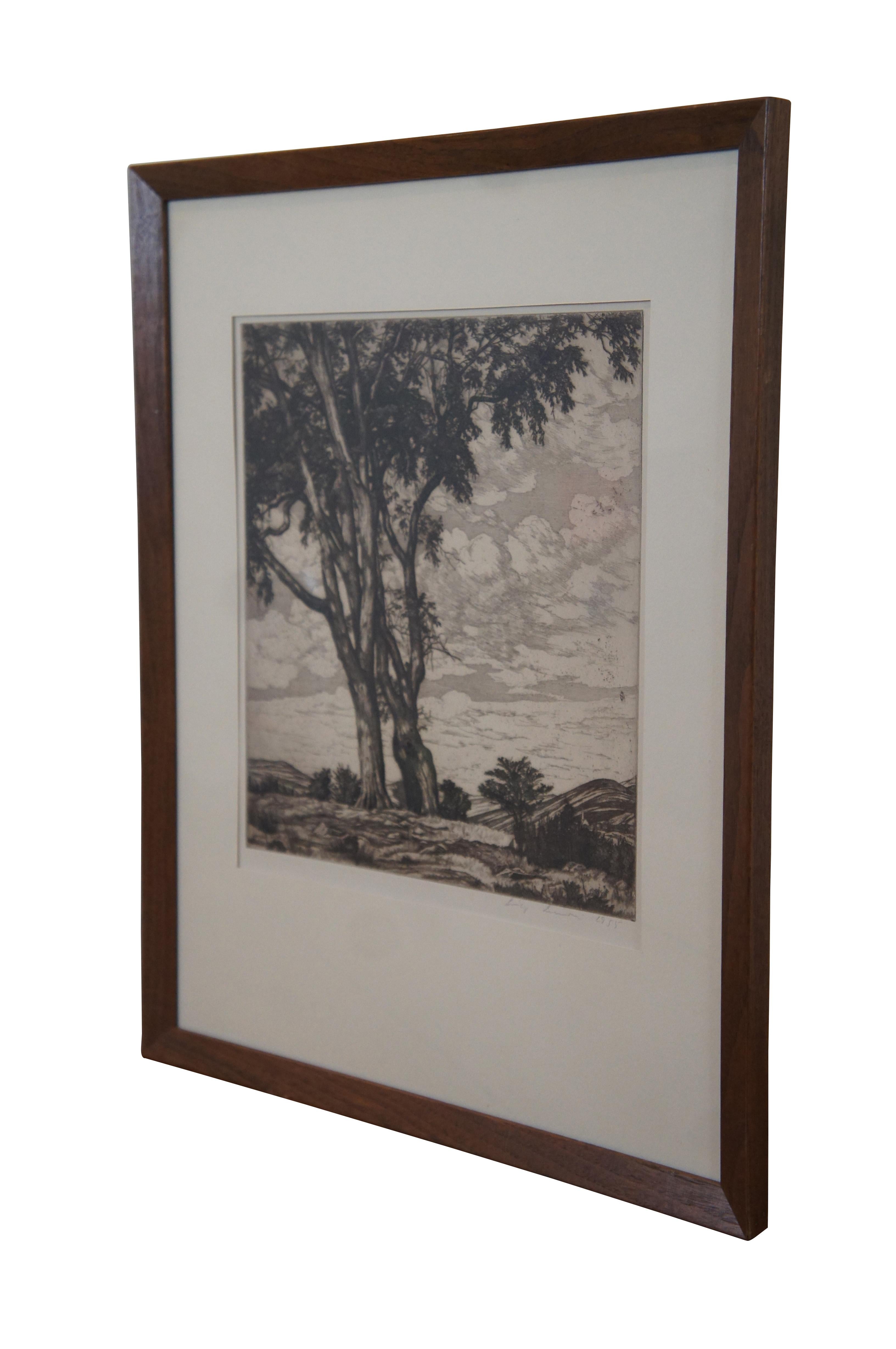 1955 original sepia and white etching by Luigi Lucioni titled “Hilltop Elms,” pencil signed and dated.

“Born in Malnate, Italy, in 1900, Luigi Lucioni became one of America's well-known landscape painters, whose work has been noted for its
