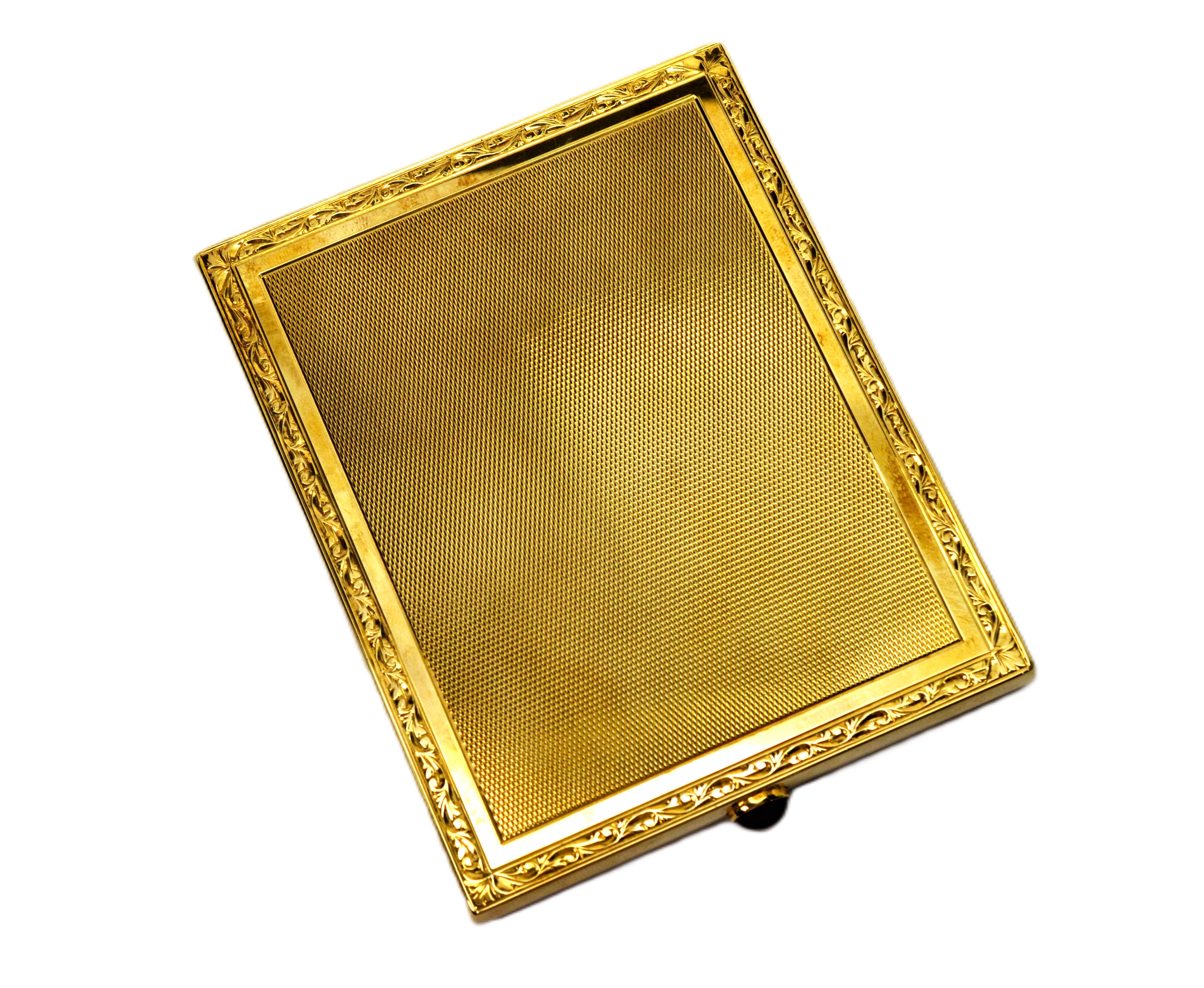 Impressive, and in original condition with its original finish and toning, this minty 14 karat yellow gold retro period cigarette case is quite a luxury find. Rectangular in shape, measuring 4 inches long by 3-1/4 inches wide by 3/8 inch deep, the