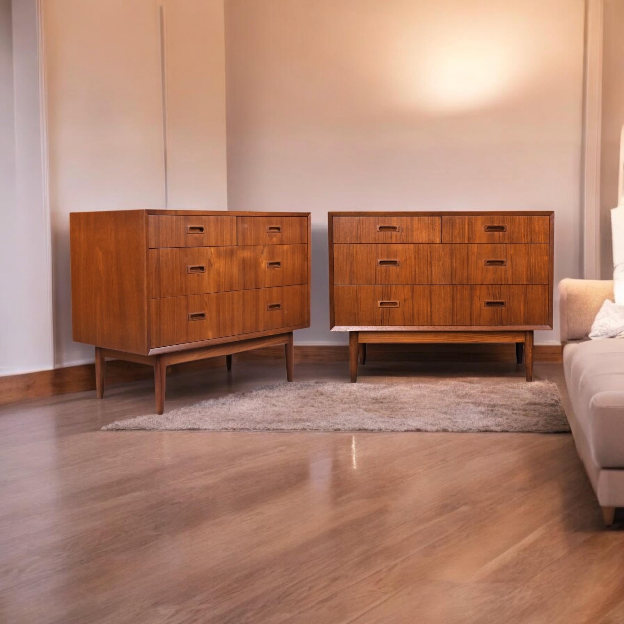 These refined Scandinavian modern chests of drawers by Lyby Møbler exemplify modular design excellence and mid-century Nordic craftsmanship. Each unit features a timeless configuration—two smaller top drawers over two wider lower drawers—offering a