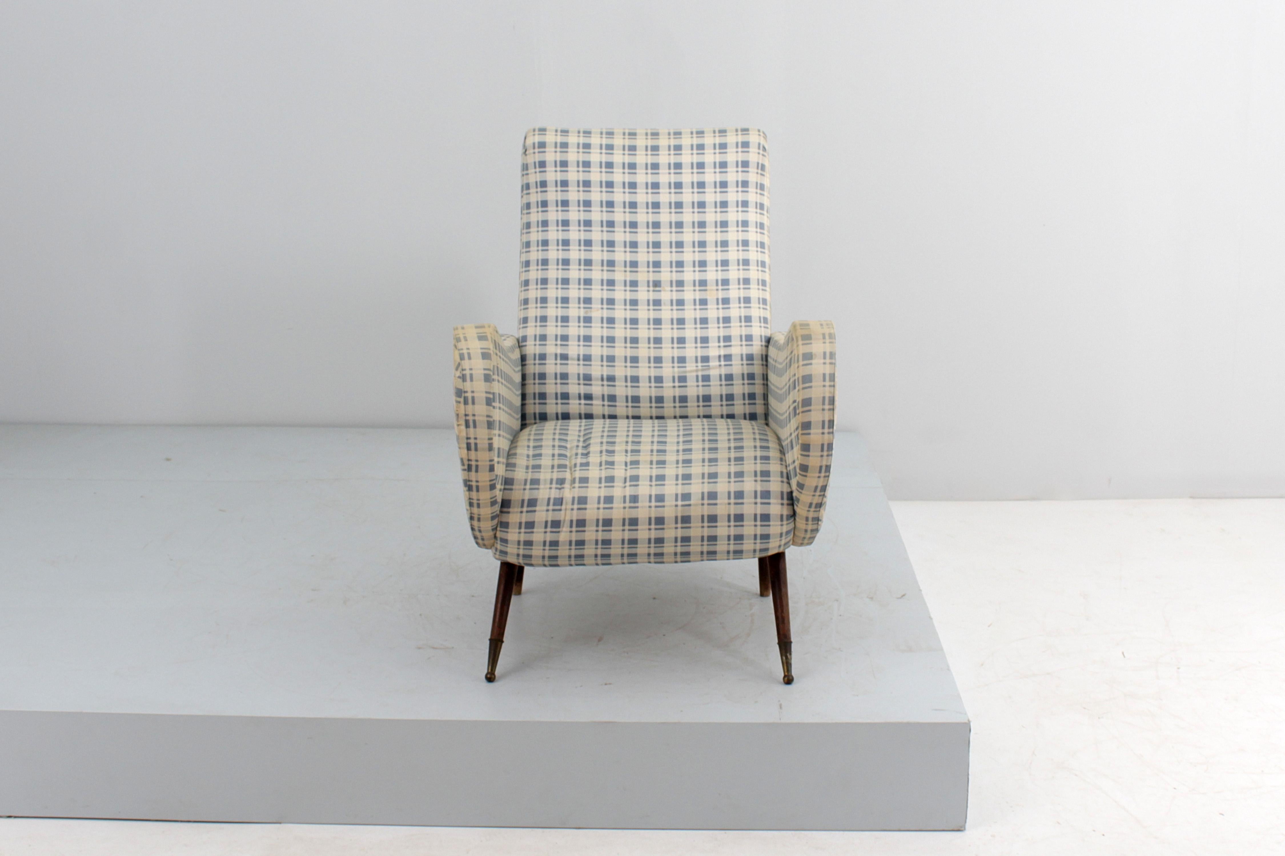 Mid-Century Modern Mid-Century M. Zanuso Style Wooden and Fabric Armchair 50s Italy  For Sale