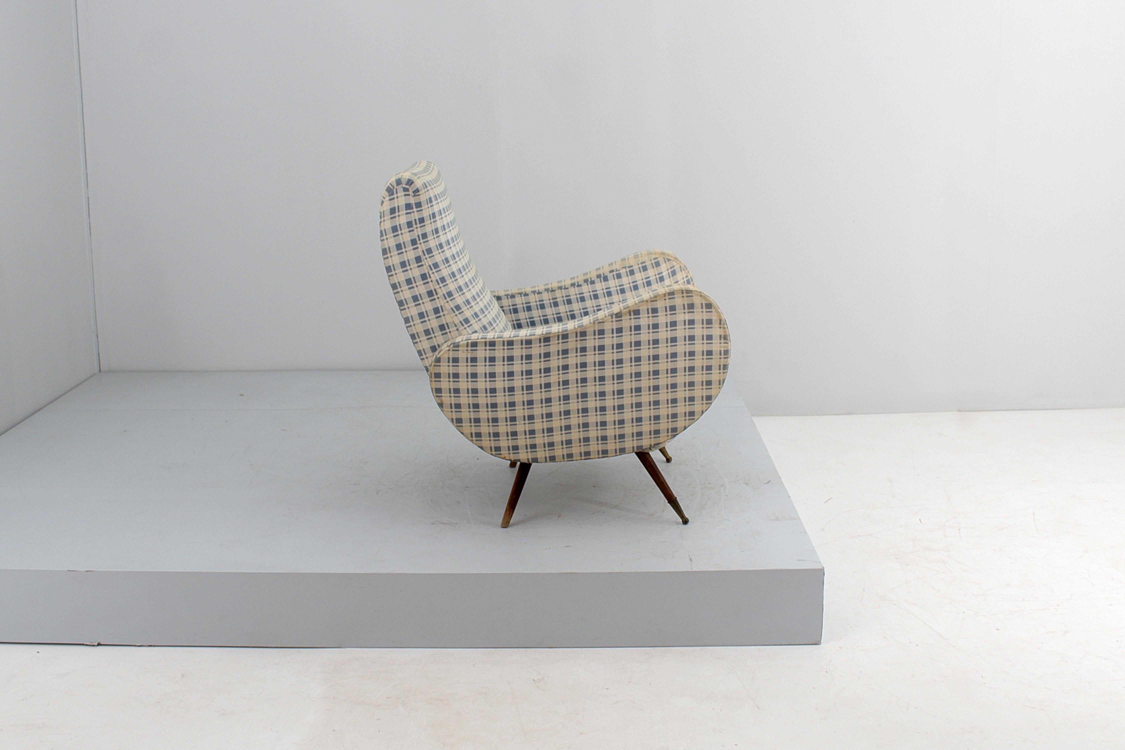 Mid-Century M. Zanuso Style Wooden and Fabric Armchair 50s Italy  In Good Condition For Sale In Palermo, IT