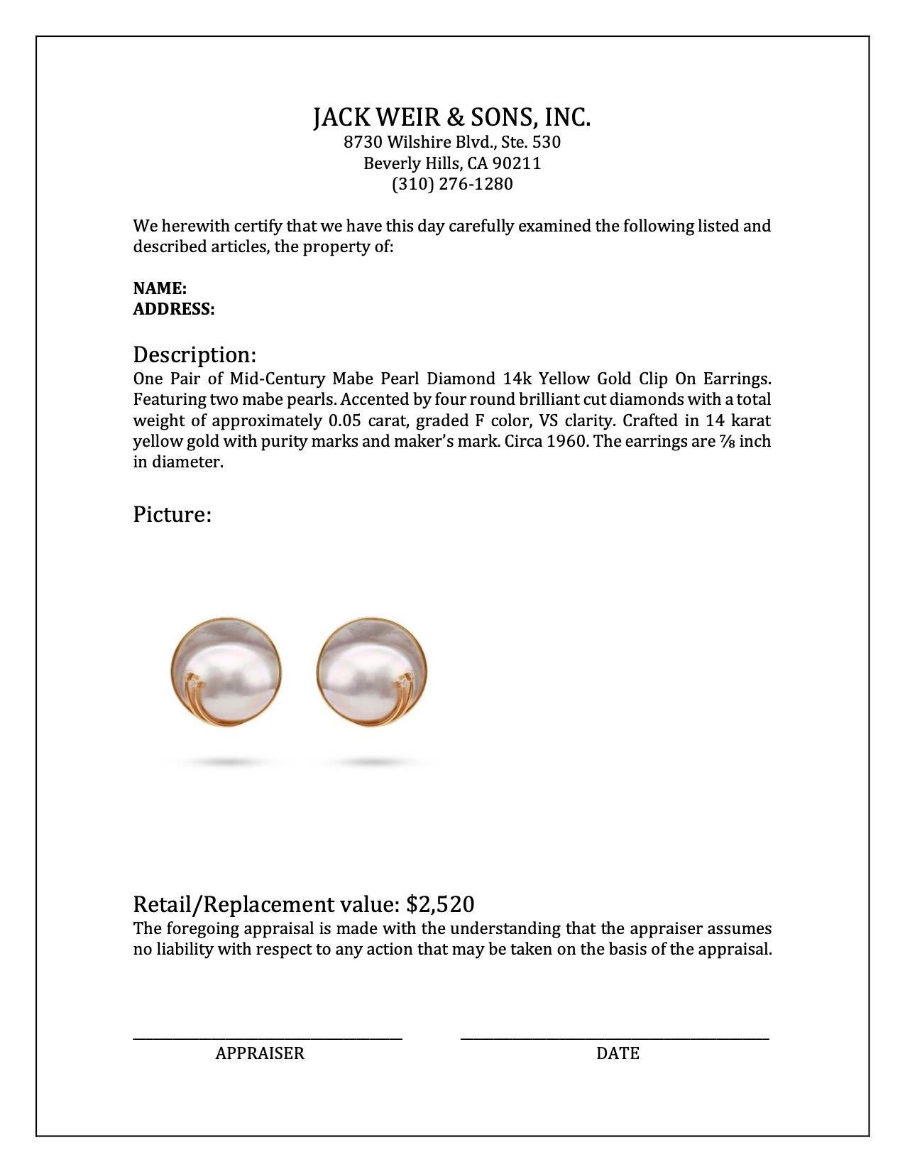 Women's or Men's Mid-Century Mabe Pearl Diamond 14k Yellow Gold Clip On Earrings