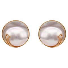 Mid-Century Mabe Pearl Diamond 14k Yellow Gold Clip On Earrings